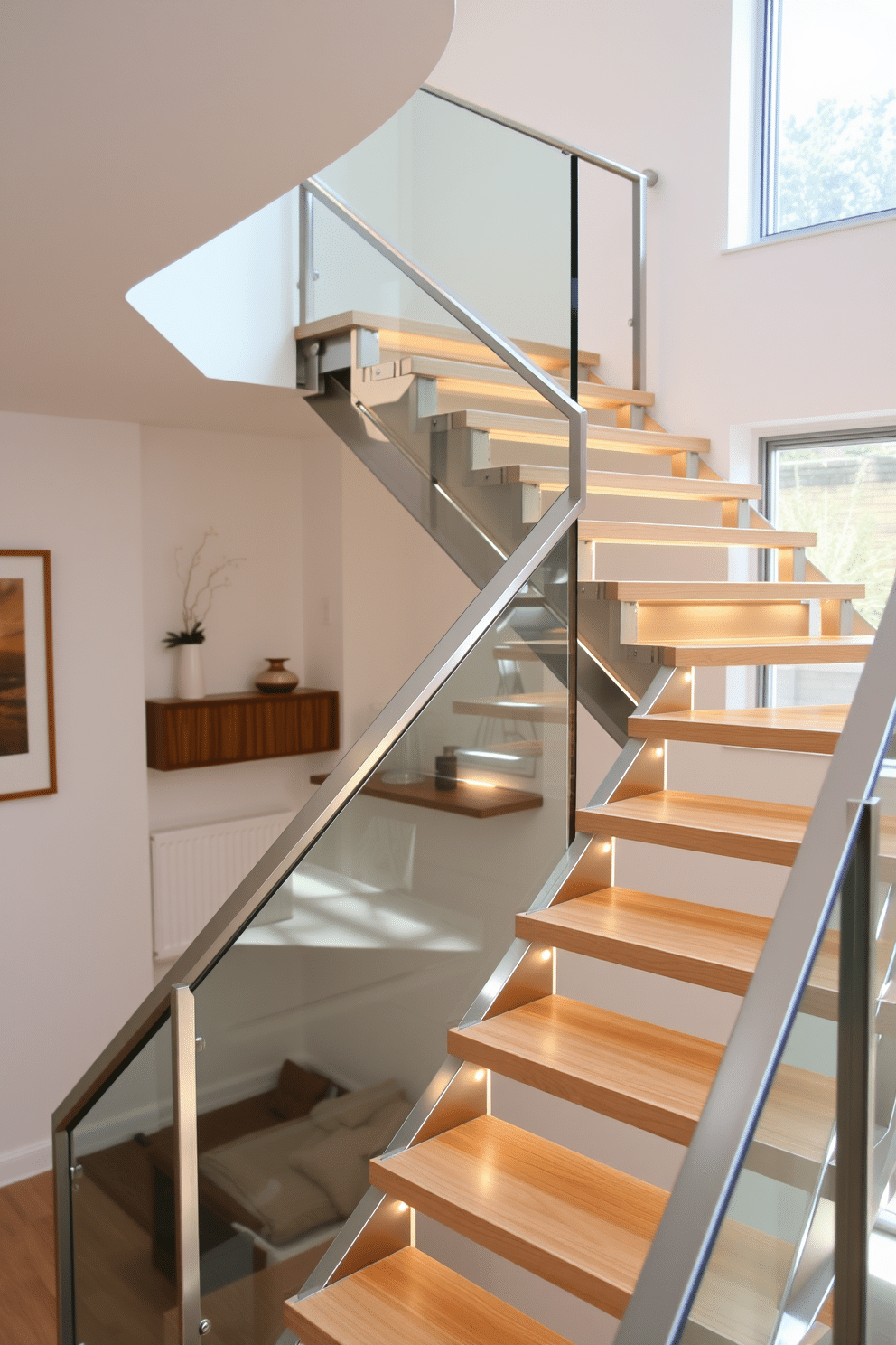 A minimalist metal staircase with open risers features sleek, geometric lines and a polished finish that reflects natural light. The treads are crafted from a light wood, creating a warm contrast against the cool metal structure, while the surrounding space is accented with neutral tones and minimalist decor. The staircase is complemented by a glass railing that enhances the open feel and provides unobstructed views of the surrounding area. Soft, ambient lighting is integrated into the staircase design, highlighting its elegant form and creating a welcoming atmosphere.