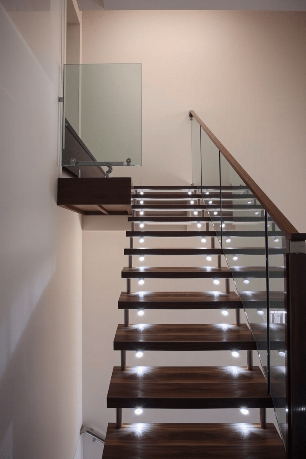 A contemporary staircase featuring a floating landing design. The treads are made of sleek, dark wood, suspended by minimalist metal brackets that create an illusion of weightlessness. The landing is adorned with a glass railing that enhances the open feel of the space. Soft, ambient lighting is integrated into the steps, illuminating the staircase and highlighting its modern aesthetic.