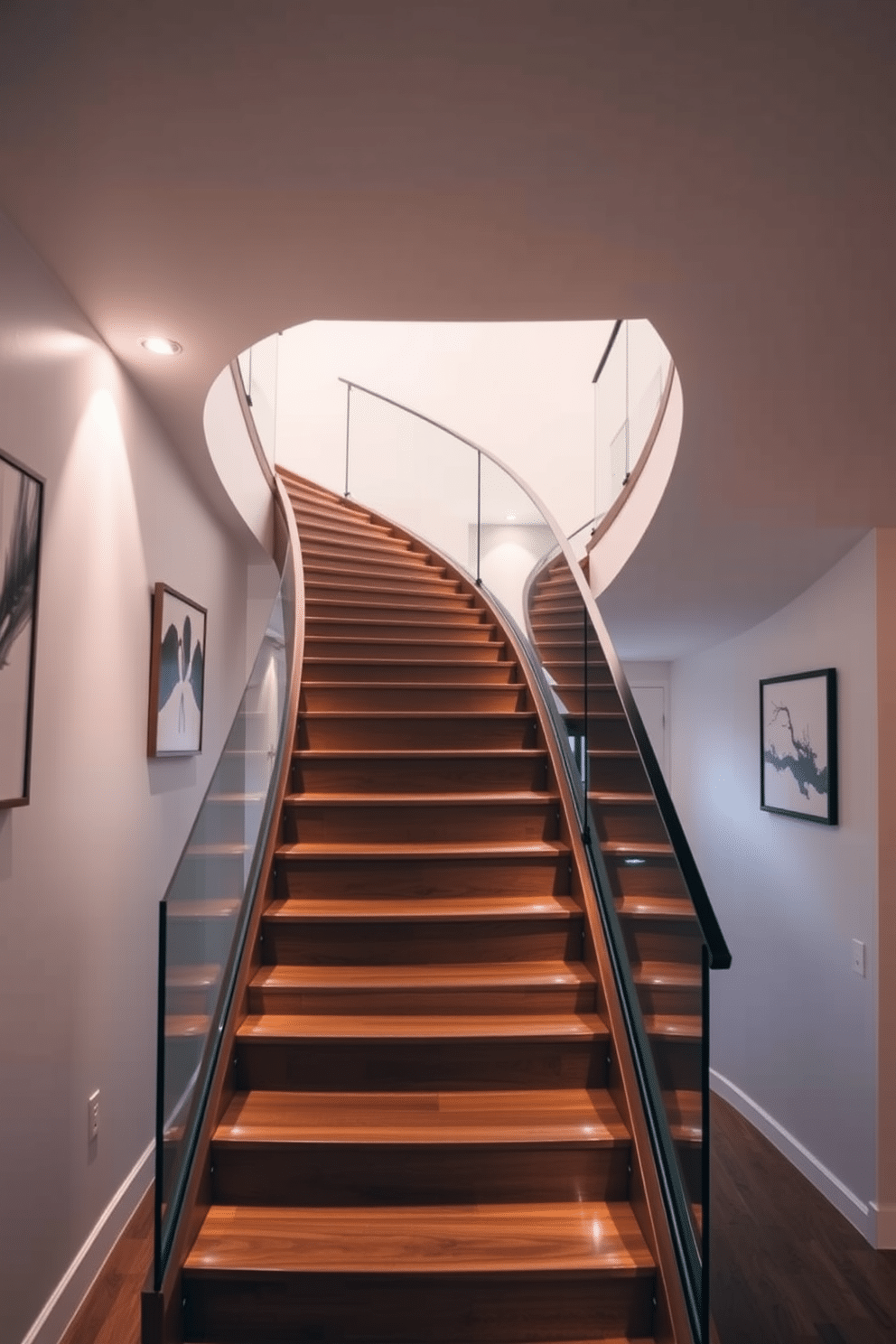 A stunning curved staircase gracefully ascends, featuring integrated LED lighting that highlights its elegant contours. The staircase is crafted from rich hardwood, with a sleek glass railing that complements the modern aesthetic of the surrounding space. The walls flanking the staircase are adorned with minimalist art pieces, enhancing the contemporary vibe. Soft, ambient lighting from the integrated fixtures creates a warm and inviting atmosphere, making the staircase a focal point of the home.