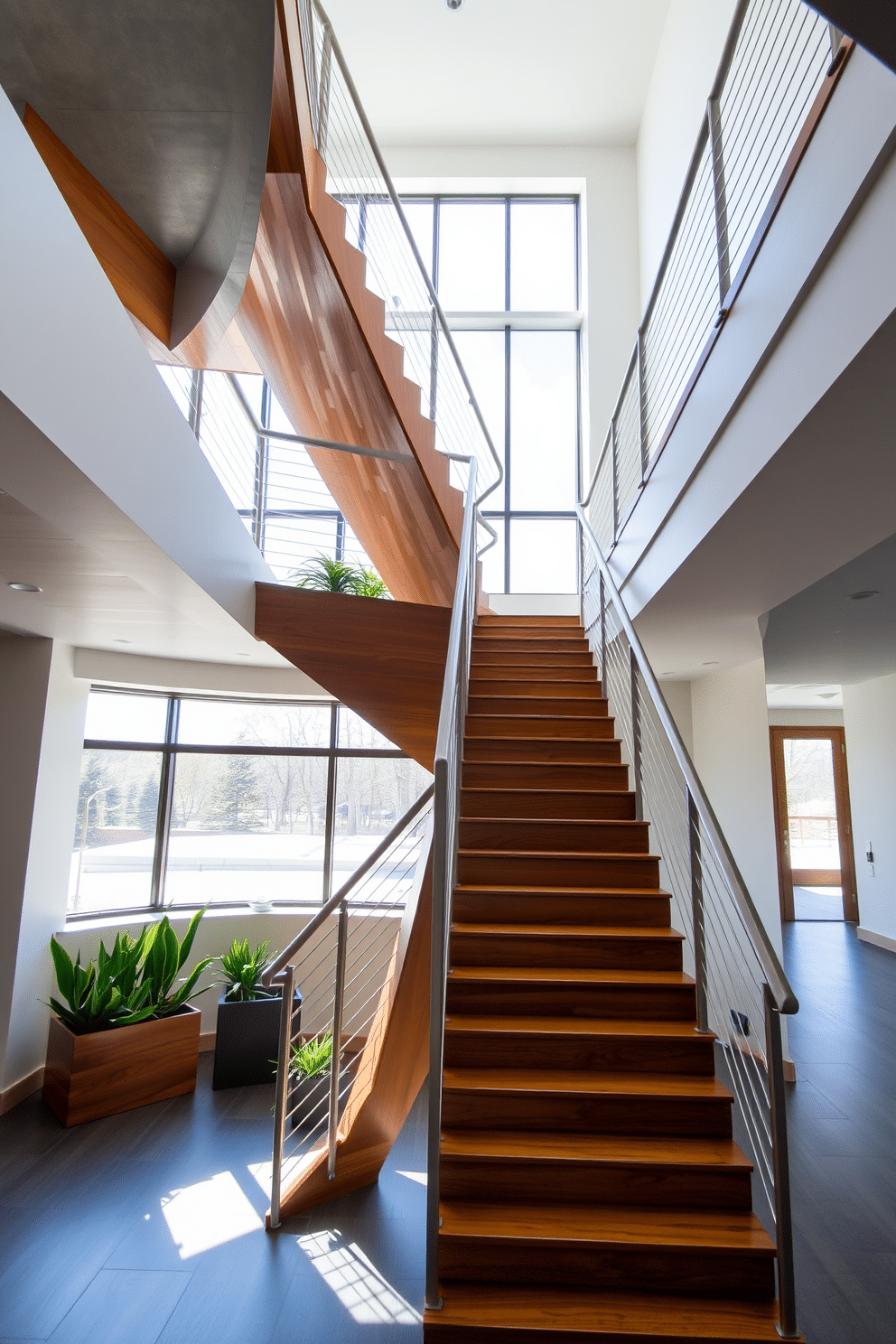 A striking geometric staircase features a series of interlocking shapes, creating a dynamic visual flow that draws the eye upward. The staircase is crafted from a combination of polished wood and sleek metal railings, seamlessly blending form and function in a contemporary home. Natural light floods the space through large windows, casting intriguing shadows on the staircase's angular surfaces. Accents of greenery in strategically placed planters enhance the modern aesthetic, adding a touch of warmth to the geometric design.