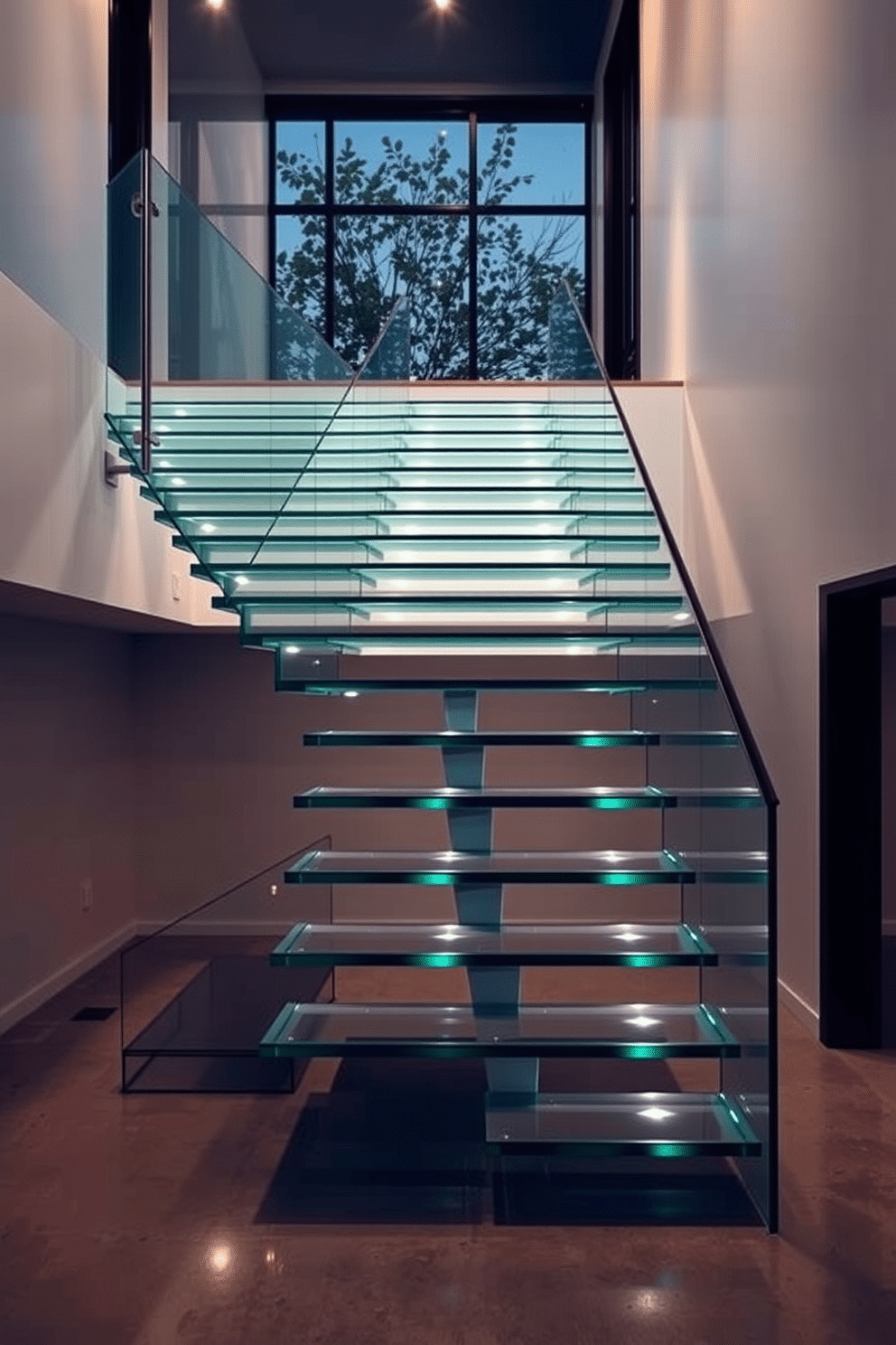 A stunning glass staircase with a frameless design elegantly ascends to the upper level, allowing for an unobstructed view of the surrounding space. The sleek, minimalist handrail complements the modern aesthetic, while the treads appear to float, enhancing the feeling of openness. The staircase is illuminated by soft, recessed lighting that highlights the transparency of the glass and creates a warm ambiance. Below, a polished concrete floor reflects the staircase's design, seamlessly integrating it into the contemporary interior.