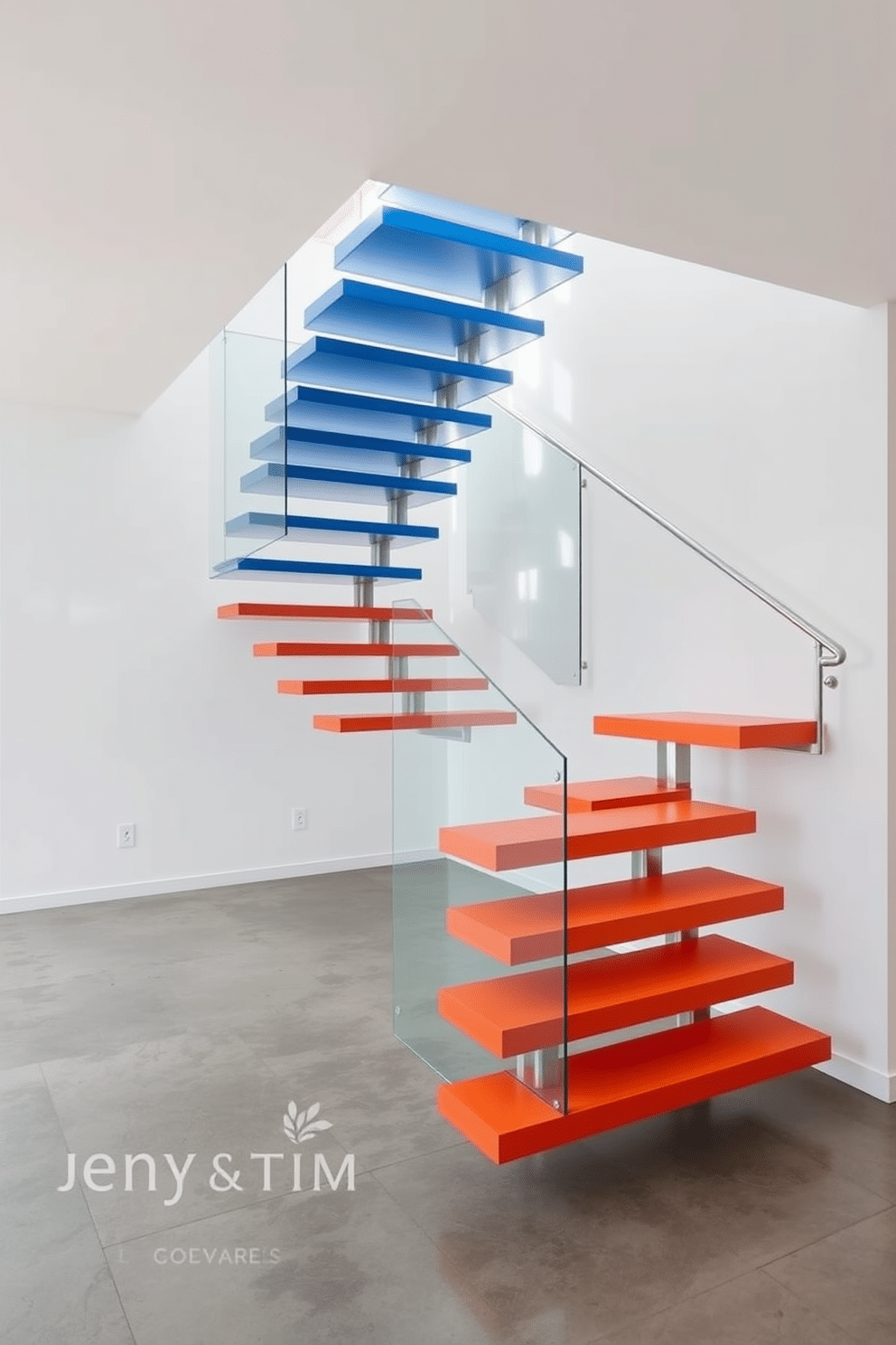 A cantilevered staircase with bold colors features floating steps that create a striking visual effect, supported by a sleek metal frame. The vibrant hues of the steps, ranging from deep blue to bright orange, contrast beautifully with the minimalist white walls and polished concrete floor. The design incorporates a glass railing that enhances the openness of the space, allowing natural light to flow through. This contemporary staircase serves as a stunning focal point in the room, seamlessly blending functionality with artistic expression.