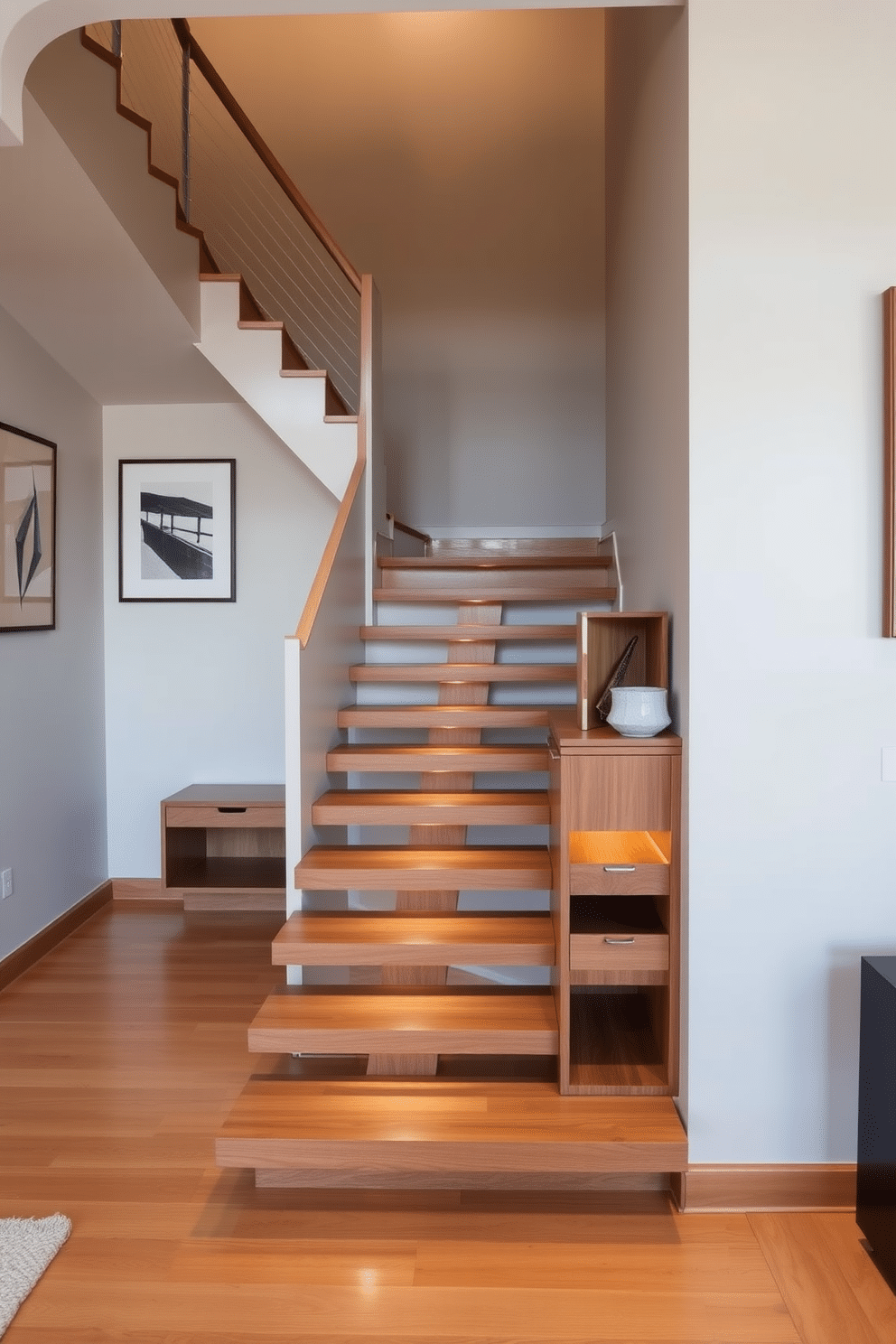 A contemporary staircase featuring sleek, floating wooden steps that elegantly ascend to the upper level. Built-in storage solutions are integrated into the staircase design, with drawers and shelves seamlessly incorporated into the side, providing both functionality and style. The walls surrounding the staircase are adorned with minimalist artwork, enhancing the modern aesthetic. Soft, ambient lighting highlights the staircase's features, creating a warm and inviting atmosphere.