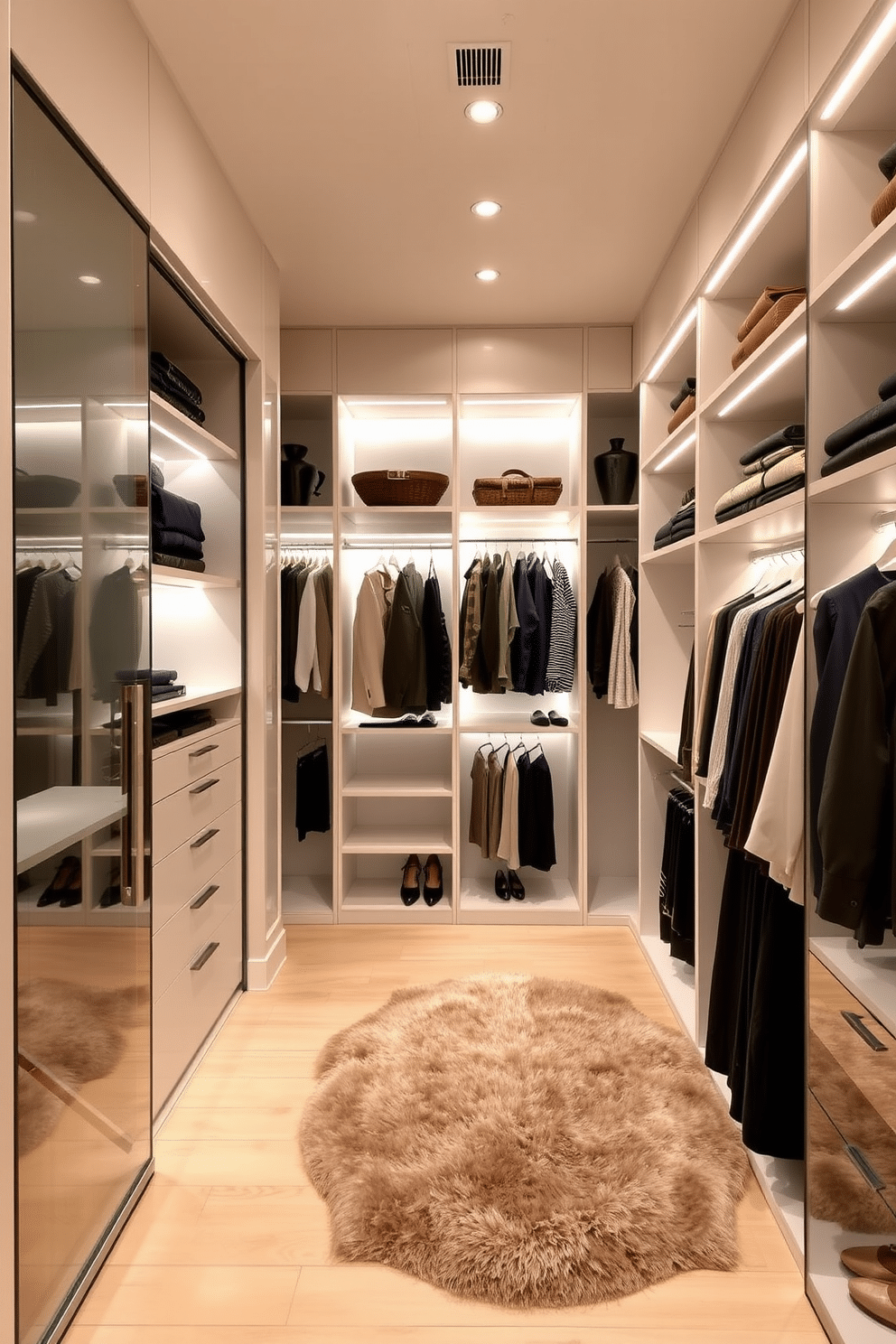 A contemporary walk-in closet featuring sleek glass doors that provide a seamless transition between spaces. The interior is adorned with custom shelving and hanging racks, finished in a high-gloss white, paired with warm wooden accents for a touch of elegance. Soft LED lighting highlights the organized layout, casting a warm glow over the carefully curated wardrobe. A plush area rug in neutral tones adds comfort underfoot, creating a luxurious atmosphere for dressing and selecting outfits.