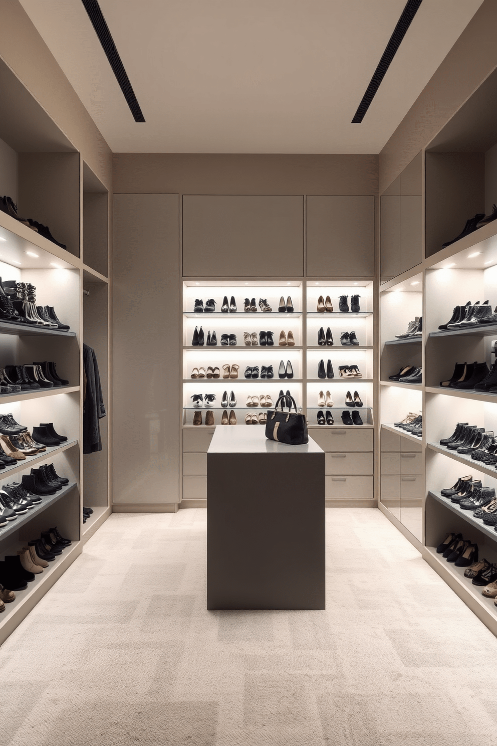 A sleek walk-in closet features built-in shoe racks that elegantly display a curated collection of footwear. The walls are lined with soft, neutral tones, and the floor is adorned with plush carpeting for a luxurious feel. In the center of the space, a large island provides additional storage and a stylish place to showcase accessories. Ambient lighting highlights the organized shelves, creating a sophisticated atmosphere perfect for any fashion enthusiast.