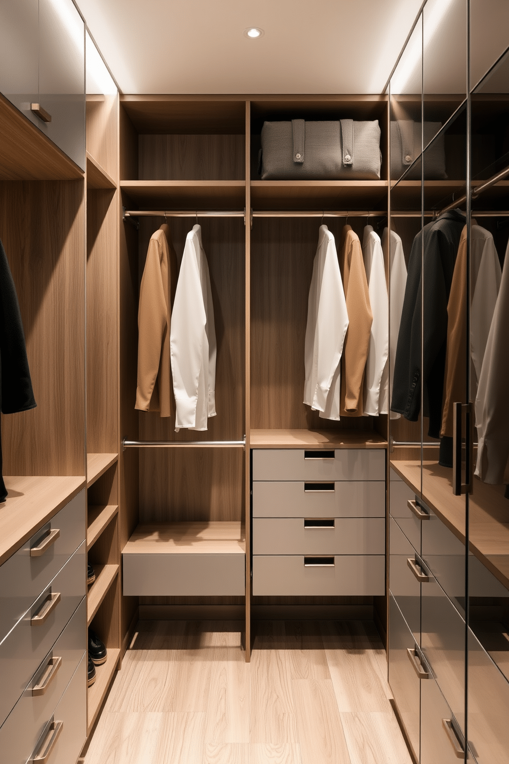 A modern walk-in closet featuring dual hanging rods for efficient storage, maximizing vertical space while maintaining an organized appearance. The design includes sleek cabinetry with a minimalist aesthetic, complemented by soft LED lighting that highlights the elegant finishes and textures.