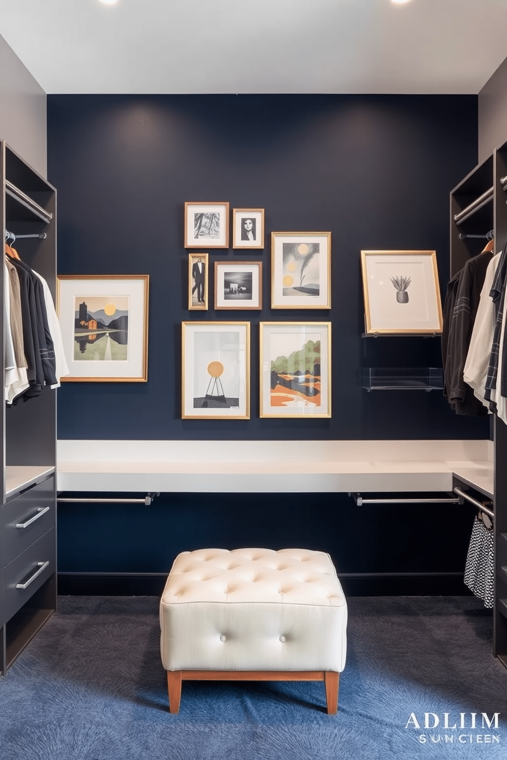 Accent wall with art display. The wall is painted in a deep navy blue, showcasing a curated collection of framed abstract art pieces in various sizes. Contemporary walk-in closet design ideas. The space features sleek, custom-built shelving and hanging rods, with a plush ottoman in the center for seating.