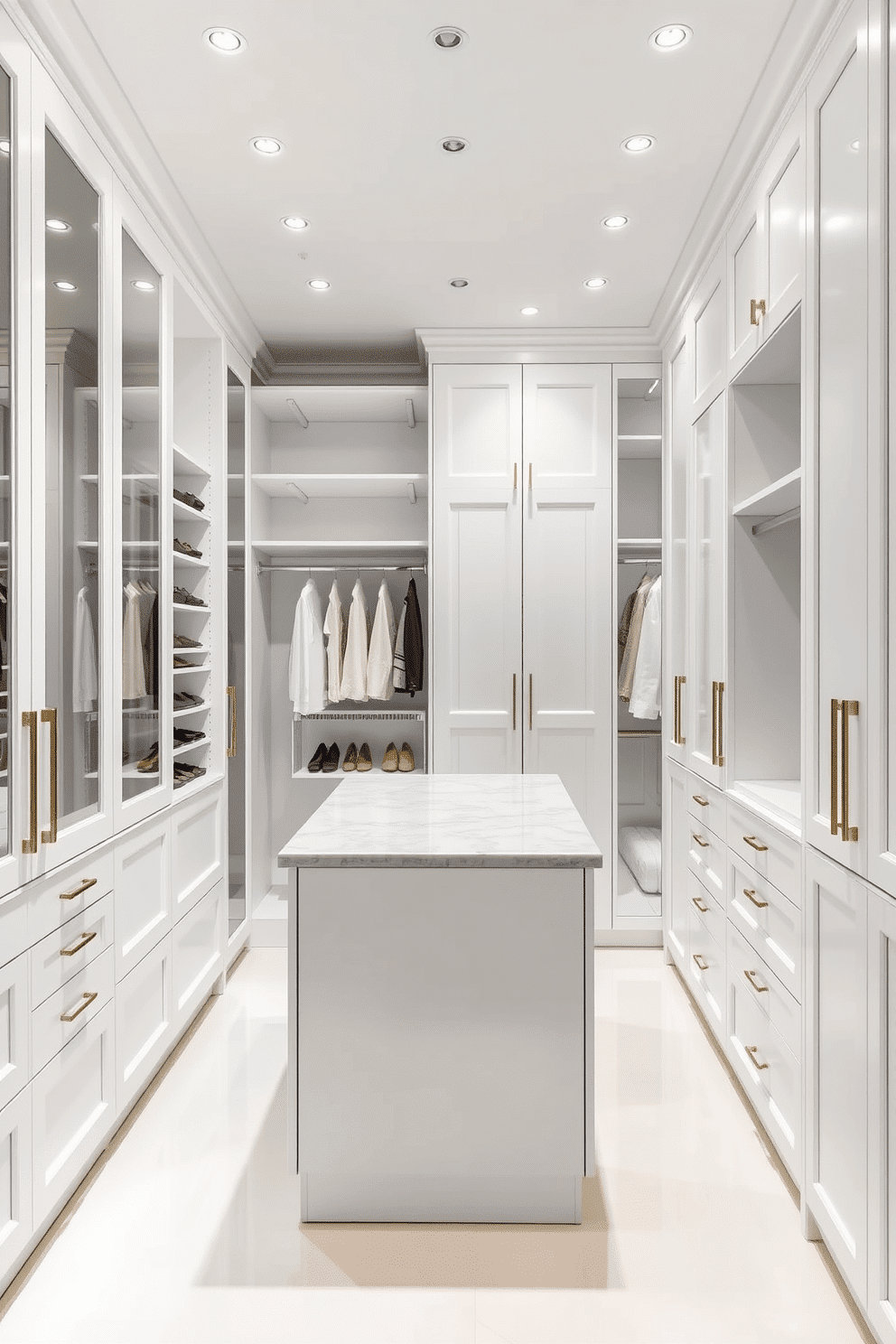 Crisp white tones create a fresh and airy atmosphere in the walk-in closet, featuring sleek cabinetry and organized shelving. The space includes a central island with a marble top, surrounded by hanging rods and shoe racks, all illuminated by recessed lighting for a modern touch. The minimalist design is complemented by elegant hardware and soft-close drawers, ensuring a seamless experience. A large mirror reflects the bright surroundings, enhancing the feeling of openness and sophistication.