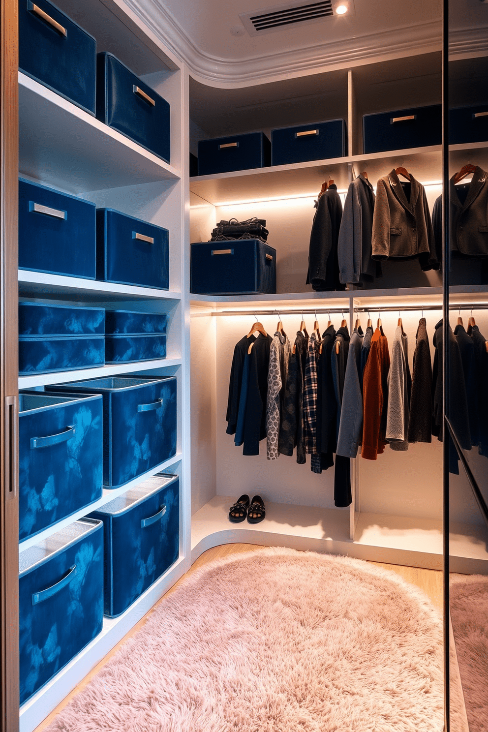 A contemporary walk-in closet featuring luxury velvet storage bins that add a touch of softness and elegance. The bins are arranged neatly on custom shelving, complemented by sleek wooden hangers displaying a curated selection of high-end fashion. Soft ambient lighting highlights the rich textures of the velvet, creating a warm and inviting atmosphere. A plush area rug in a coordinating color adds comfort underfoot, enhancing the overall luxurious feel of the space.