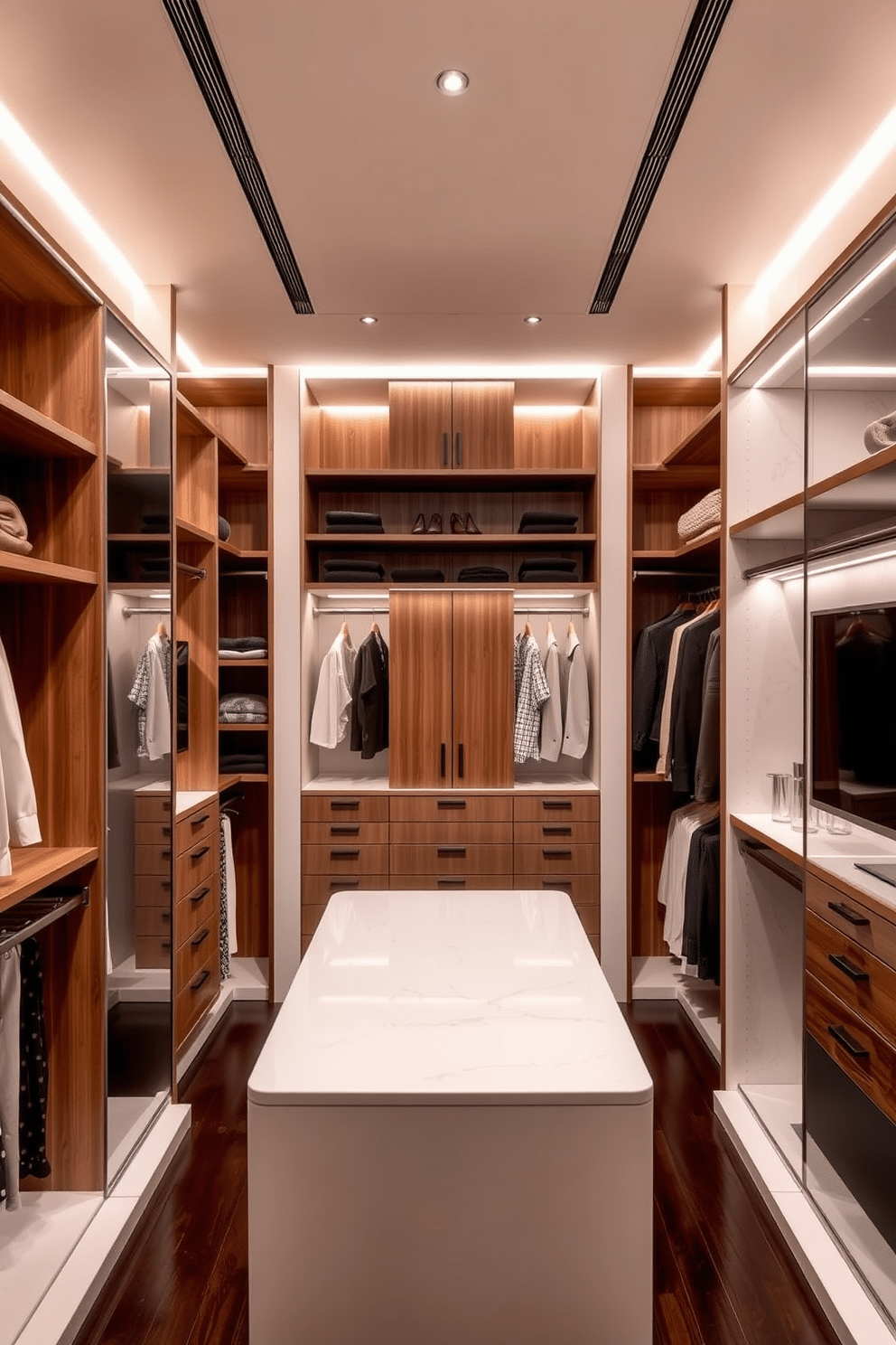 A sleek walk-in closet featuring smart closet systems integrated with advanced technology for optimal organization. The space includes automated shelving that adjusts height and depth, along with smart lighting that activates upon entry. The walls are adorned with a soft, neutral palette, complemented by elegant wood accents. A central island with a polished countertop provides additional storage, while built-in mirrors enhance the sense of space and sophistication.