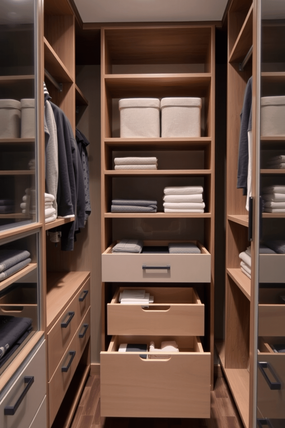 A contemporary walk-in closet features sleek pull-out drawers that provide hidden storage solutions, maximizing space efficiency. The design incorporates a mix of open shelving and closed cabinetry, creating a harmonious balance between accessibility and organization.