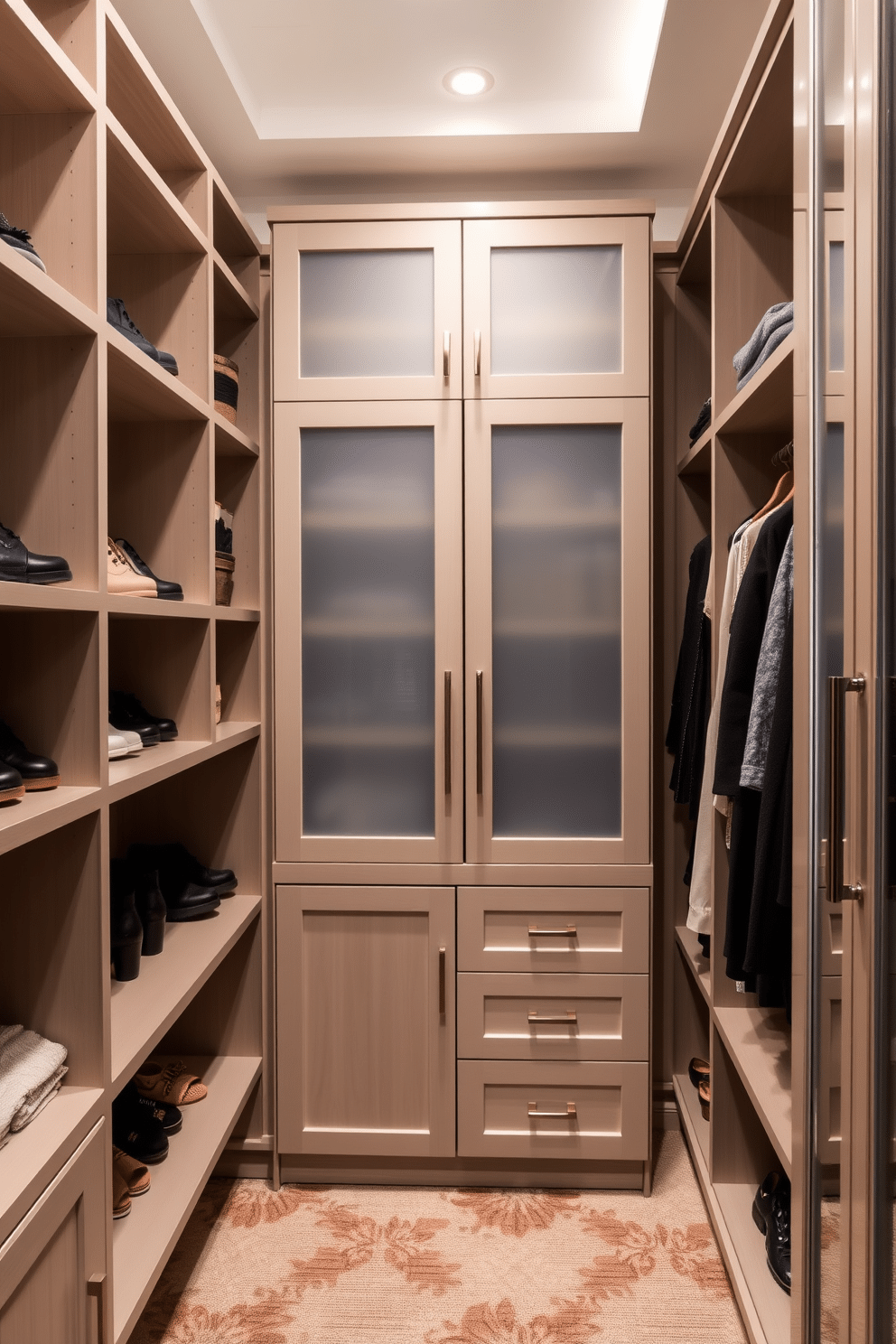 A contemporary walk-in closet features a blend of open and closed storage solutions, maximizing both functionality and aesthetics. Sleek shelving units display shoes and accessories, while elegant cabinetry with frosted glass doors provides hidden storage for clothing and personal items.