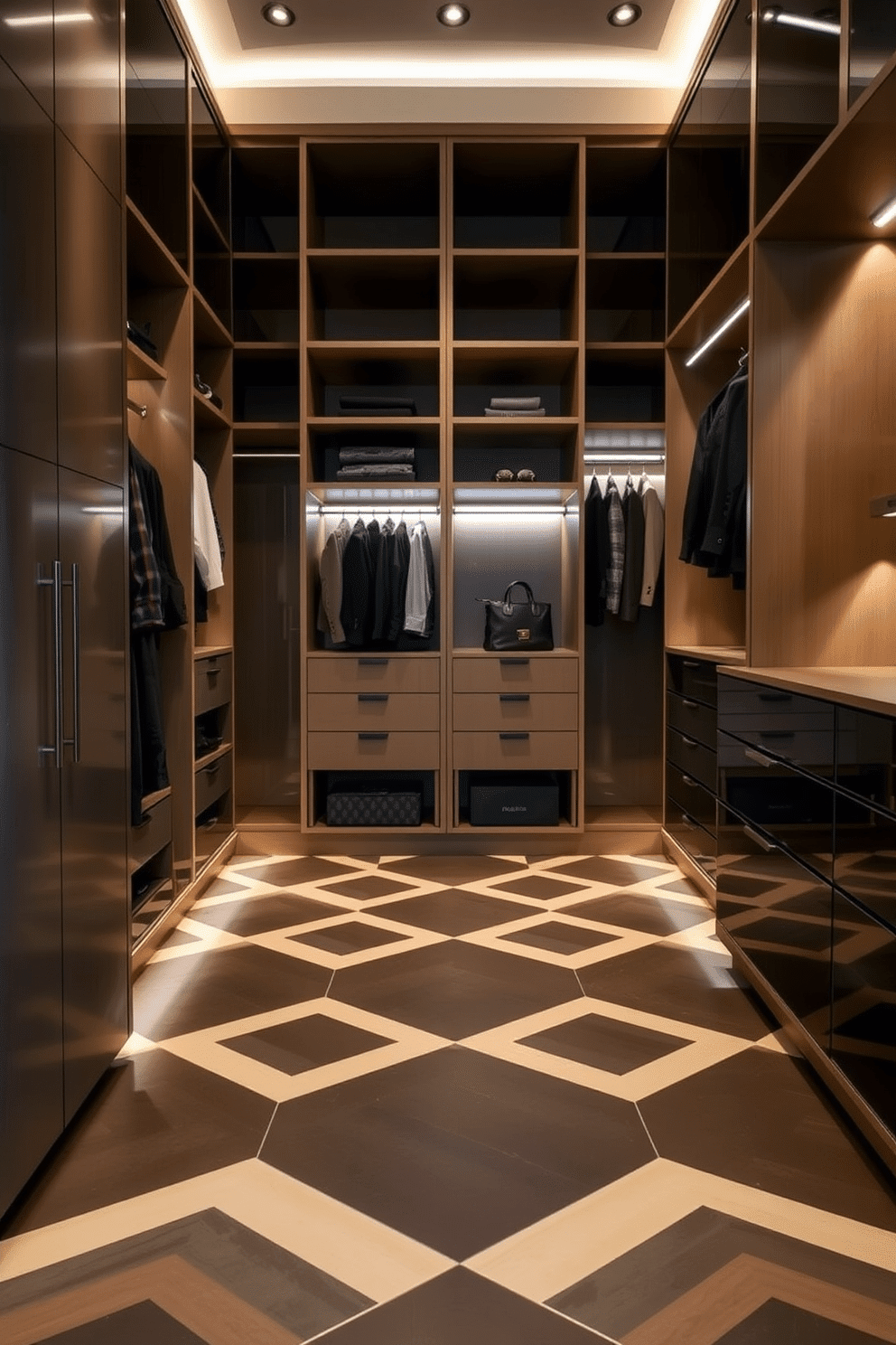 A contemporary walk-in closet featuring bold geometric patterns on the flooring, creating a striking visual impact. The space is organized with custom shelving and hanging areas, complemented by ambient lighting that highlights the unique design elements.