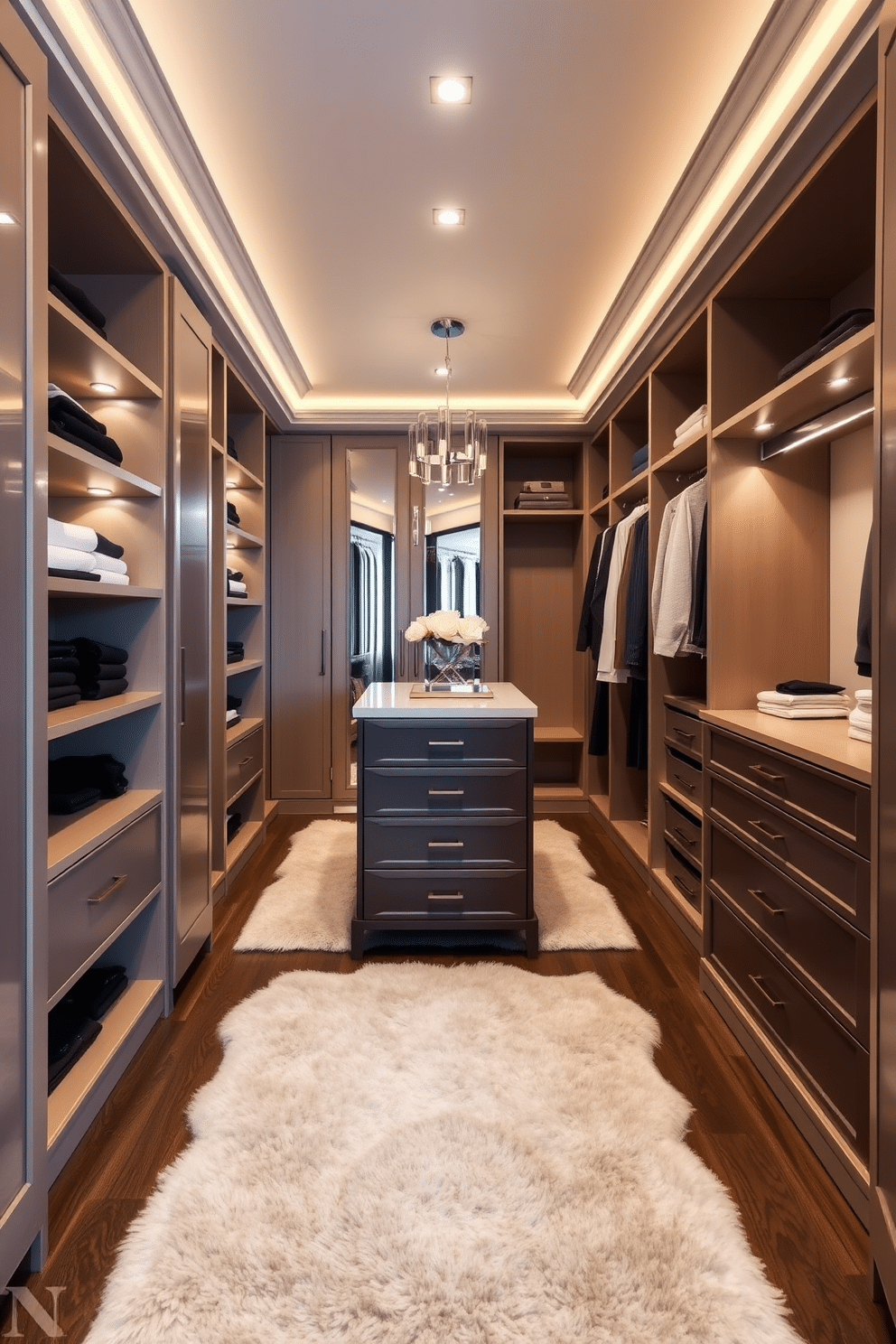 A contemporary walk-in closet featuring soft, plush rugs underfoot for added comfort. The space showcases custom shelving, elegant lighting fixtures, and a central island with drawers for accessories, all in a neutral color palette.