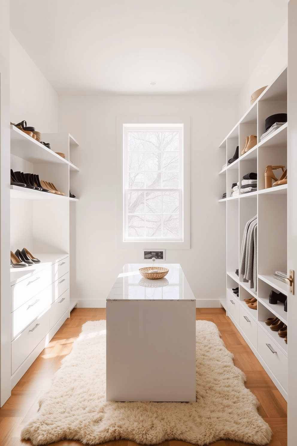 A sleek and airy walk-in closet features minimalist floating shelves that showcase a curated collection of shoes and accessories. The walls are painted in a soft white hue, and natural light floods the space through a large window, enhancing the uncluttered aesthetic. In the center of the closet, a stylish island with a marble top provides additional storage and a space for folding clothes. The floor is adorned with a plush area rug, adding warmth and comfort to the modern design.