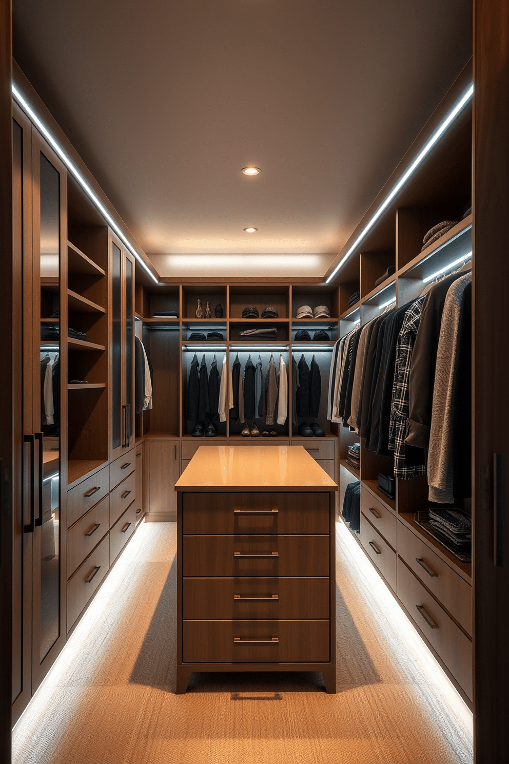 A contemporary walk-in closet featuring personalized lighting options to enhance mood and functionality. The space includes built-in shelving, a central island with drawers, and LED strip lights that adjust to different color temperatures, creating a warm and inviting atmosphere.