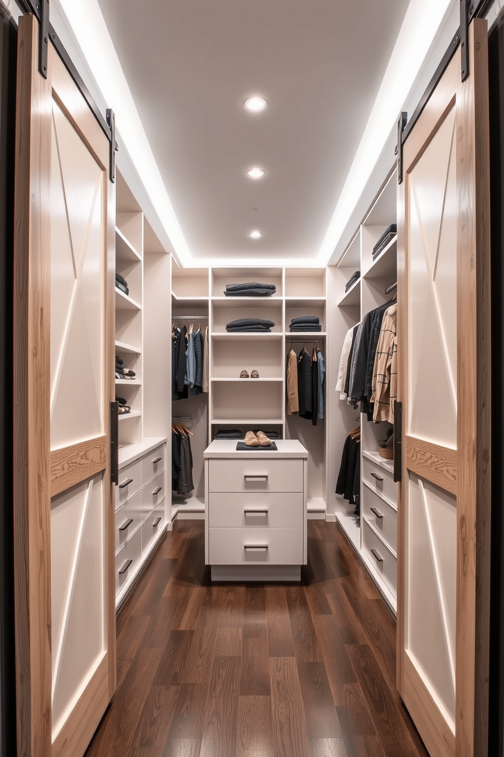 A spacious walk-in closet features sliding barn doors that add rustic charm to the modern design. Inside, the closet is organized with built-in shelving, hanging rods, and a central island with drawers for accessories. The contemporary walk-in closet showcases sleek lines and a minimalist aesthetic. Soft LED lighting illuminates the space, highlighting the luxurious finishes and providing an inviting atmosphere.