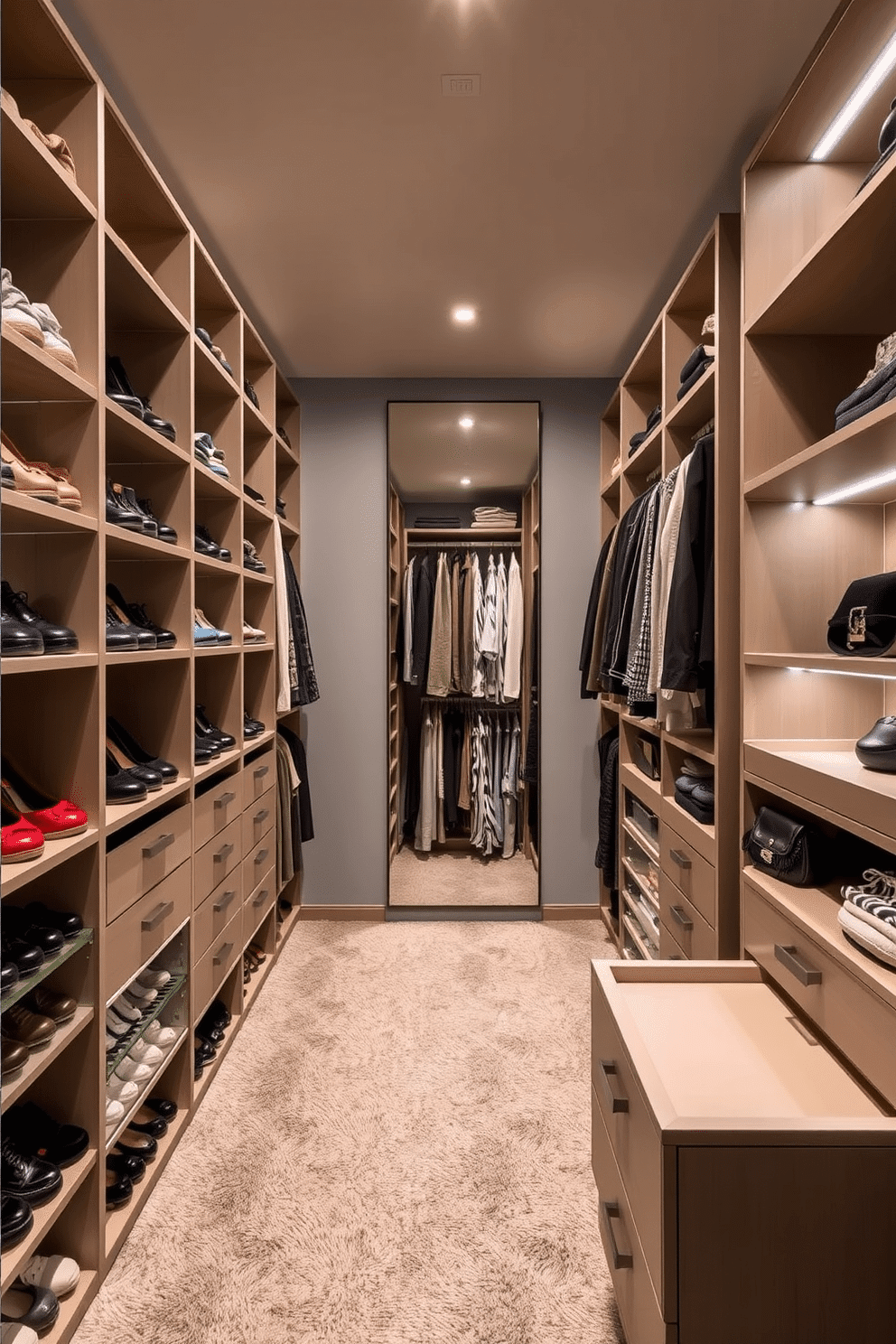 A sleek walk-in closet designed for optimal vertical storage features floor-to-ceiling shelving units that maximize space efficiency. The walls are painted in a soft gray, and plush carpet adds a touch of comfort underfoot, while stylish LED lighting illuminates the organized rows of shoes and accessories. Incorporating a mix of open and closed storage, this contemporary walk-in closet includes a central island with drawers for jewelry and smaller items. A full-length mirror is strategically placed to enhance the sense of space, reflecting the neatly arranged clothing and adding a luxurious feel to the design.