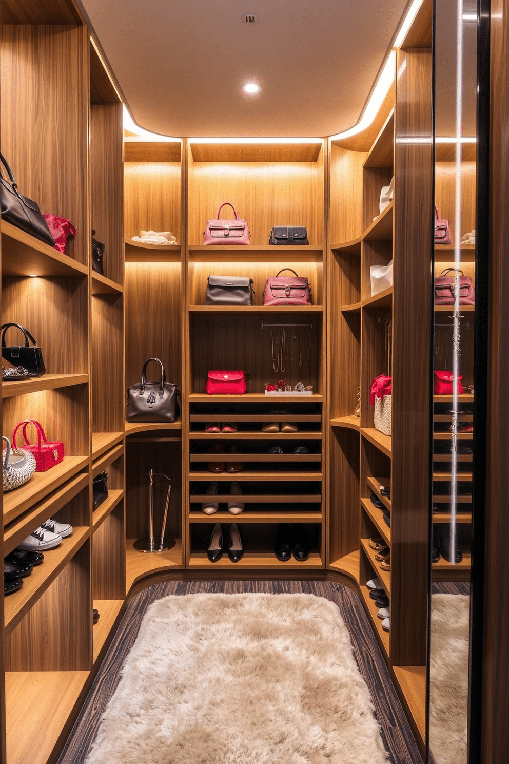 A contemporary walk-in closet featuring sleek, modular shelving units in a warm wood finish. Color-coordinated accessories, including handbags, shoes, and jewelry, are neatly arranged to enhance the overall aesthetic and provide easy access. The space is illuminated by soft, recessed lighting that highlights the organized layout. A plush area rug in a neutral tone adds comfort underfoot, while a full-length mirror reflects the stylish arrangement of the accessories.