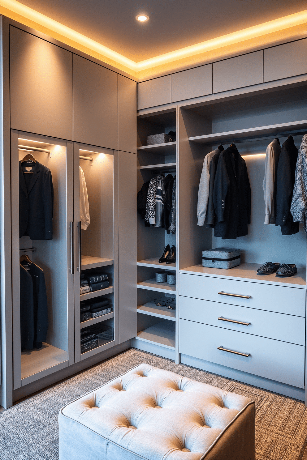 A contemporary walk-in closet features sleek cabinetry with hidden compartments for valuables, seamlessly integrated into the design. Soft LED lighting illuminates the space, highlighting a stylish mix of hanging and shelving areas, while a plush ottoman provides a comfortable seating option.