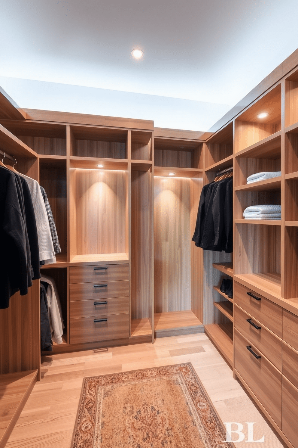 A contemporary walk-in closet featuring natural wood finishes that exude warmth and sophistication. The space includes custom shelving and hanging areas, complemented by soft lighting that enhances the inviting atmosphere.