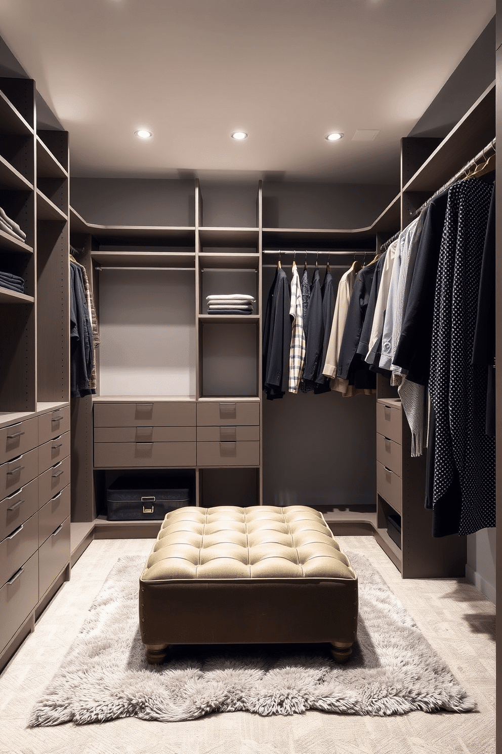 A contemporary walk-in closet features sleek, modular shelving and hanging rods that can be adjusted to accommodate seasonal clothing rotation. The space is illuminated by recessed lighting, highlighting a plush area rug beneath a stylish ottoman for seating and convenience.