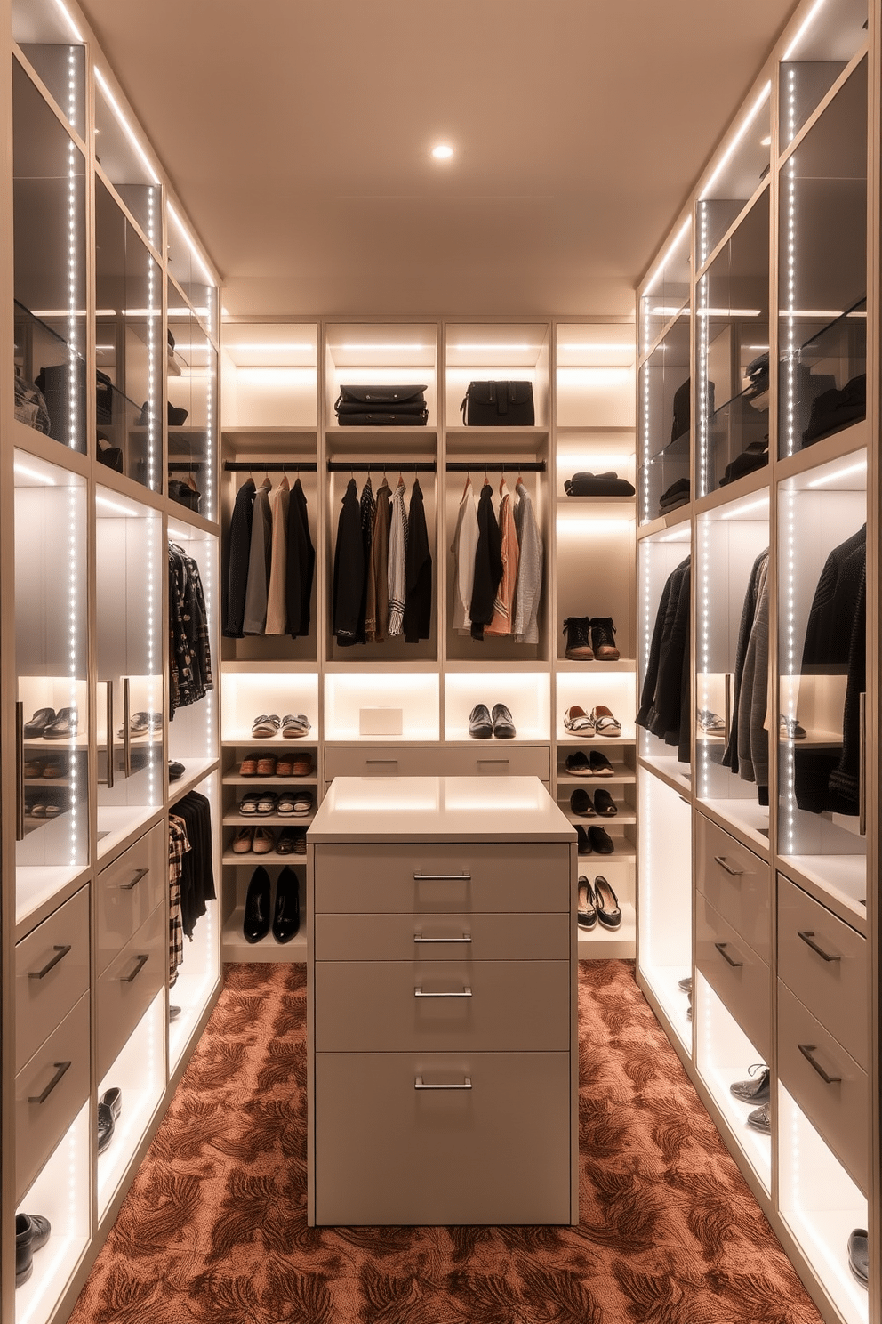 A contemporary walk-in closet features integrated LED lighting that highlights the sleek lines of custom shelving and hanging spaces. The design includes a central island with drawers, surrounded by organized sections for shoes and accessories, all illuminated for easy access and a bright ambiance.