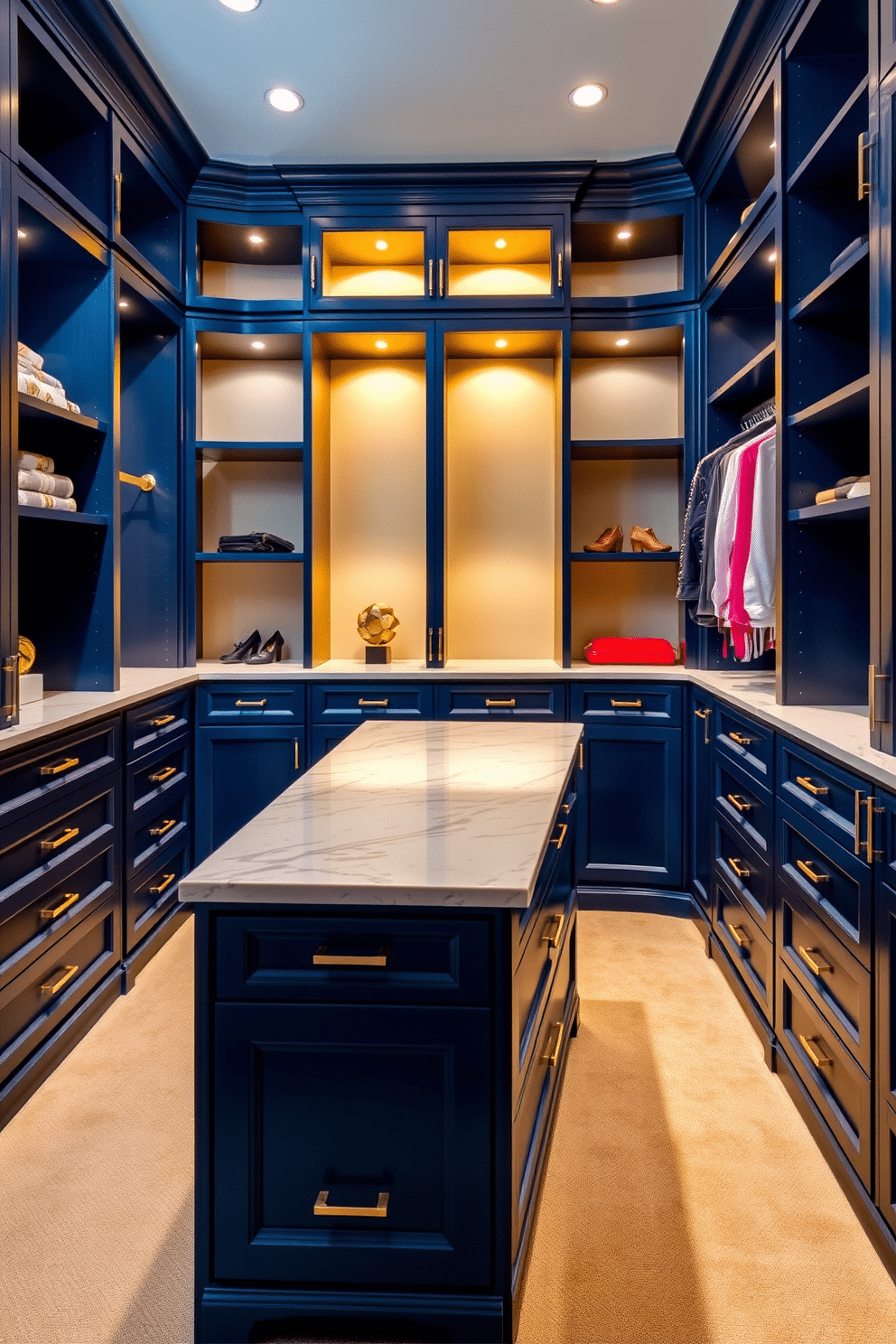 Custom cabinetry with bold colors creates a striking focal point in the walk-in closet. The shelves and drawers are finished in a deep navy blue, complemented by brass hardware that adds a touch of elegance. The closet features a spacious layout with a central island, topped with a luxurious marble surface for accessories and jewelry display. Soft, warm lighting highlights the vibrant cabinetry and enhances the overall contemporary feel of the space.