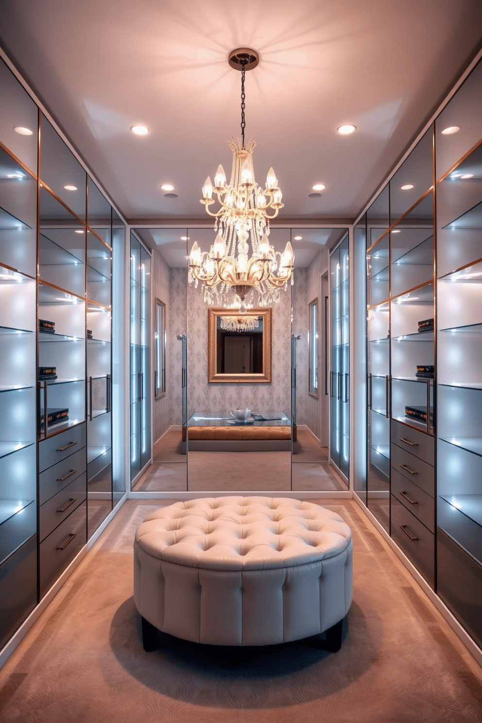 A contemporary walk-in closet featuring mirrored accents to enhance the sense of space. The design includes sleek, built-in shelving units with a glossy finish, reflecting light and creating an airy atmosphere. In the center, a plush ottoman sits beneath a stunning chandelier, providing both style and functionality. The walls are adorned with subtle wallpaper, while the floor is covered in a soft, neutral carpet for added comfort.