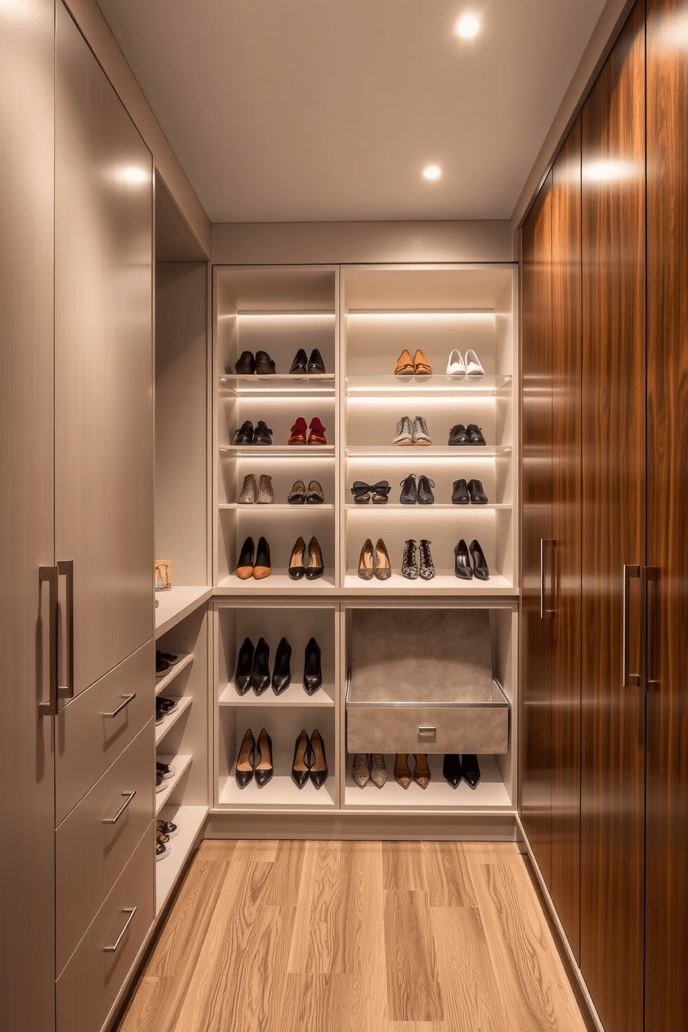 A contemporary walk-in closet features open shelving for easy access to shoes and accessories, allowing for an organized and visually appealing display. The space is illuminated by recessed lighting, highlighting the sleek lines of the cabinetry and the rich textures of the materials used.