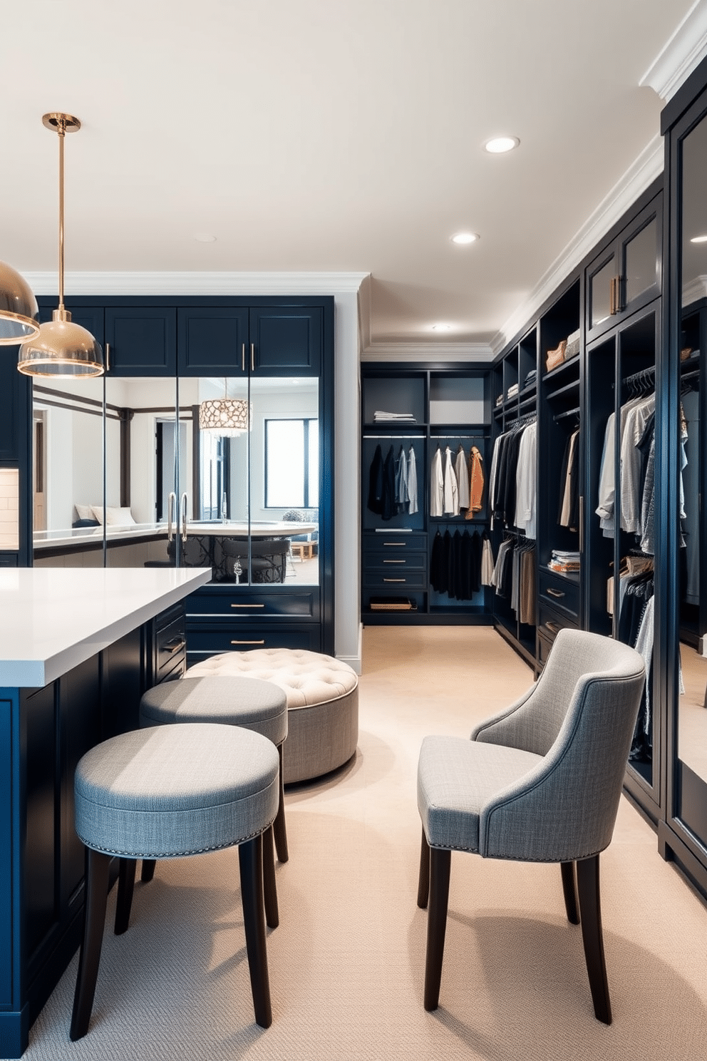 A stylish island with a seating area features a sleek, white countertop complemented by elegant bar stools upholstered in soft gray fabric. The surrounding cabinetry is a rich navy blue, providing a striking contrast, while pendant lights hang above, casting a warm glow over the space. The contemporary walk-in closet design showcases a spacious layout with custom shelving and hanging areas for clothing. A plush ottoman sits in the center, surrounded by mirrors that enhance the light, and the walls are adorned with soft, neutral tones for a calming atmosphere.