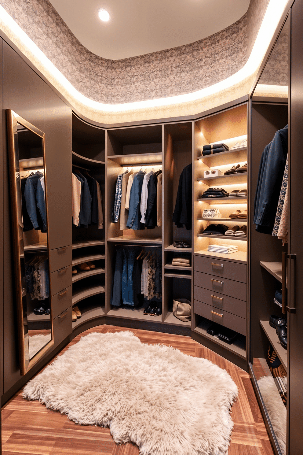 A contemporary walk-in closet features textured wallpaper that adds depth and visual interest to the space. The cabinetry is sleek and modern, with integrated lighting that highlights the organized shelves and hanging areas. Incorporate a plush area rug to create a cozy atmosphere, while a full-length mirror enhances the functionality of the design. The closet is designed with a blend of open and closed storage solutions, allowing for both display and concealment of clothing and accessories.