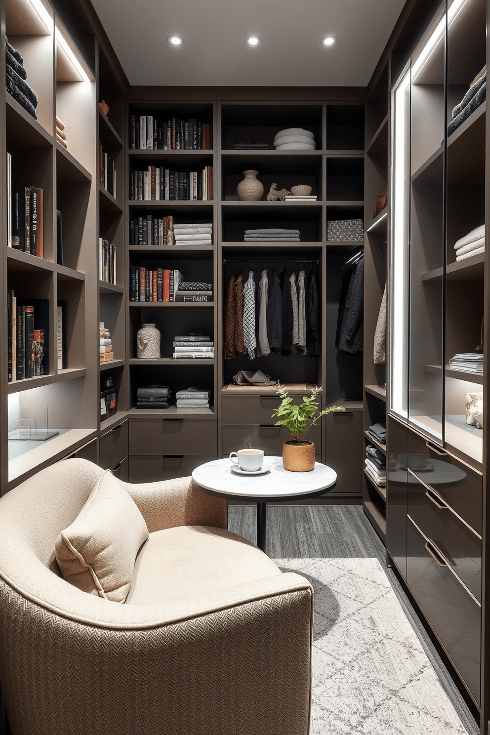 A cozy corner seating nook designed for relaxation features a plush, oversized armchair upholstered in soft, textured fabric. Surrounding the nook are built-in bookshelves filled with an array of books and decorative items, while a small round table holds a steaming cup of tea and a potted plant. The contemporary walk-in closet boasts sleek, custom cabinetry with a mix of open shelving and closed storage solutions. Soft LED lighting illuminates the space, highlighting a central island with a marble countertop for accessories, while a full-length mirror enhances the modern aesthetic.