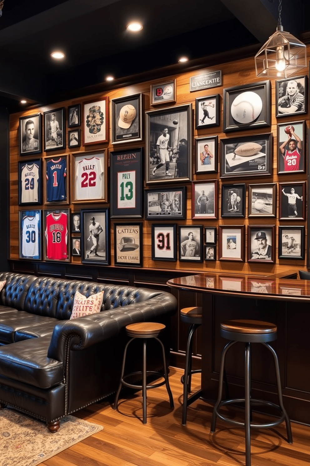 A vintage sports memorabilia wall display features an array of framed jerseys, signed baseballs, and classic photographs of iconic athletes. The backdrop is a rustic wooden panel that adds warmth, while strategically placed spotlights highlight the memorabilia, creating an inviting focal point. The cool man cave design incorporates a plush leather sectional sofa and a custom-built bar with vintage stools. Dark wood accents and industrial lighting create a relaxed yet stylish atmosphere, perfect for entertaining friends and enjoying game nights.