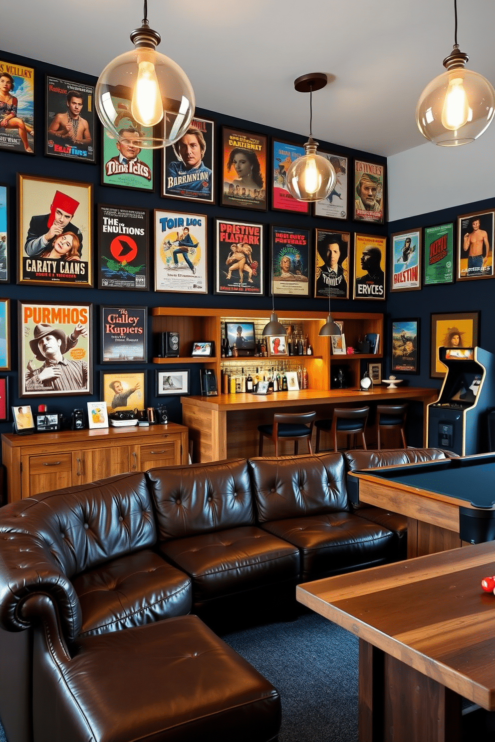 A vintage movie poster gallery featuring an eclectic mix of framed classic film posters in vibrant colors. The walls are painted a deep navy blue, with warm wooden shelves displaying memorabilia and vintage film cameras. A cool man cave design with a spacious layout, showcasing a large sectional sofa in distressed leather and a custom-built bar made from reclaimed wood. The room is illuminated by stylish pendant lights, with a pool table and a vintage arcade machine adding to the entertainment vibe.