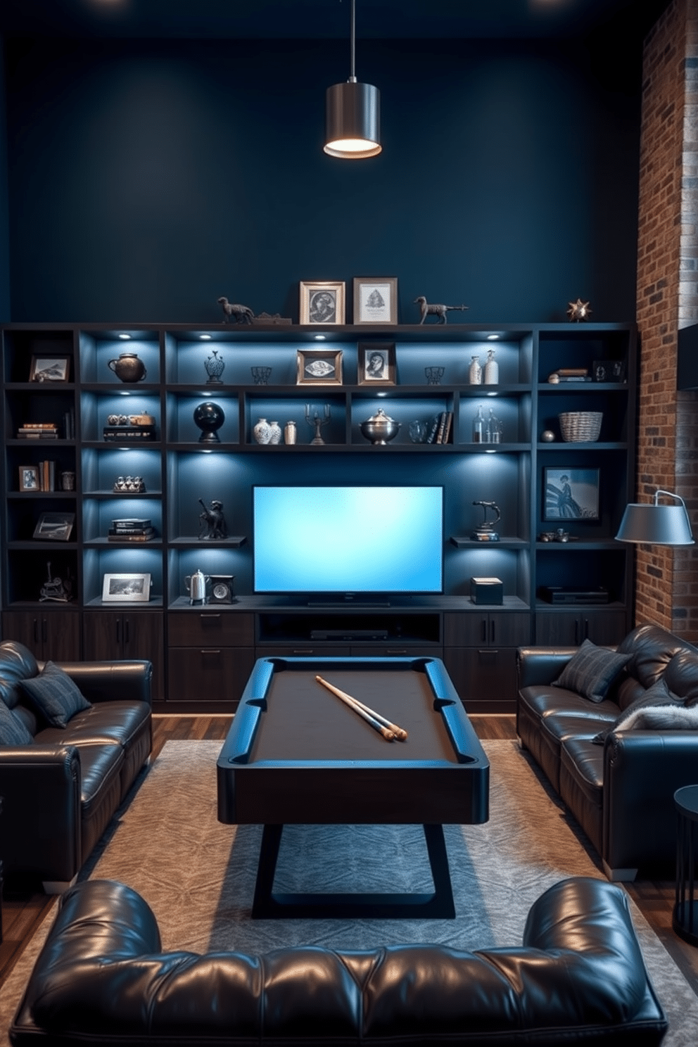 A sleek custom shelving unit made from dark wood, designed to display a curated collection of vintage collectibles. The shelves are illuminated with soft LED lighting, highlighting each piece against a backdrop of deep navy blue walls. A modern man cave featuring a plush sectional sofa in rich leather, positioned around a large flat-screen TV. The space is accented with industrial-style decor, including exposed brick walls, metal accents, and a stylish pool table in the center.