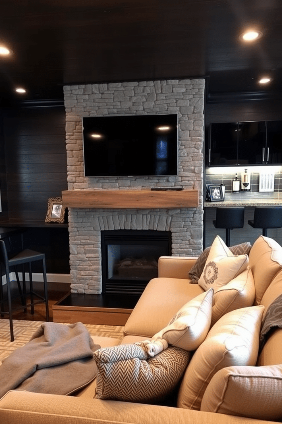 A cozy fireplace setting features a stone surround with a rustic wooden mantel above it. In front of the fireplace, a plush sectional sofa is arranged with soft throw blankets and an assortment of decorative pillows, creating an inviting atmosphere. The man cave design incorporates dark wood paneling and ambient lighting for a modern yet masculine vibe. A sleek bar area with high stools is paired with a large flat-screen TV mounted above a stylish entertainment unit, perfect for relaxation and entertaining.