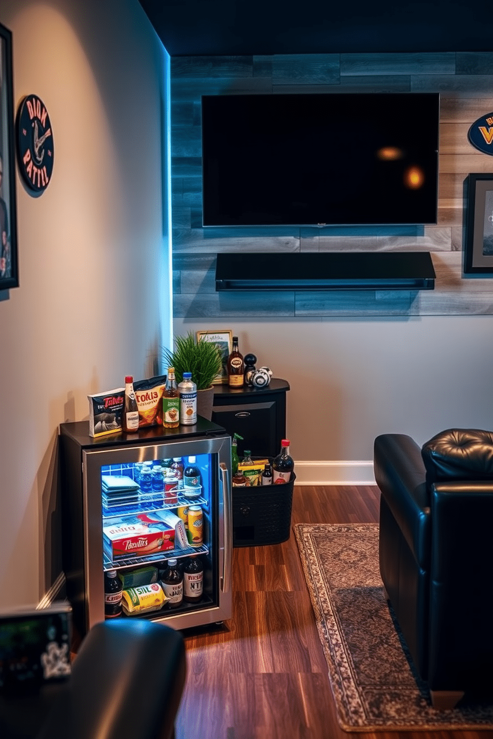 A stylish mini fridge designed for snacks and drinks sits in the corner of a modern man cave. The fridge features a sleek stainless steel finish and is stocked with an array of beverages and gourmet snacks, perfectly complementing the room's relaxed atmosphere. The man cave is adorned with dark leather seating and a large flat-screen TV mounted on a reclaimed wood wall. Ambient lighting casts a warm glow, while sports memorabilia and art pieces add a personal touch to the space, creating an inviting and entertaining environment.