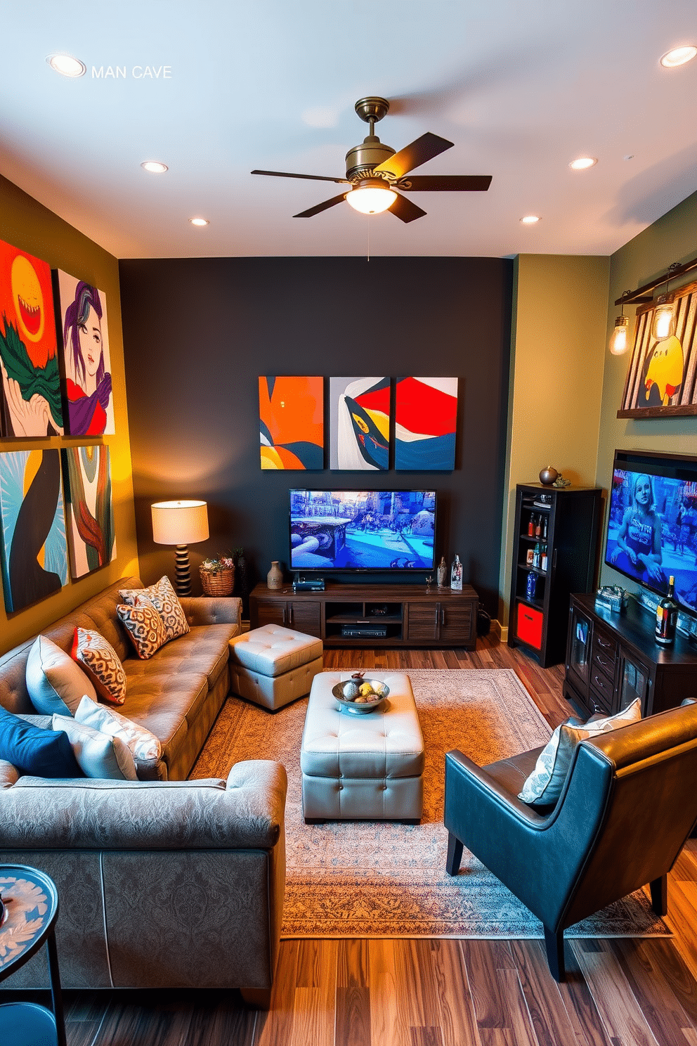 A vibrant living room showcasing unique wall art created by local artists. The artwork features bold colors and abstract designs, enhancing the room's contemporary aesthetic. A stylish man cave designed for relaxation and entertainment. It includes plush seating, a large-screen TV, and a custom bar area, all accented by industrial-style decor and warm lighting.