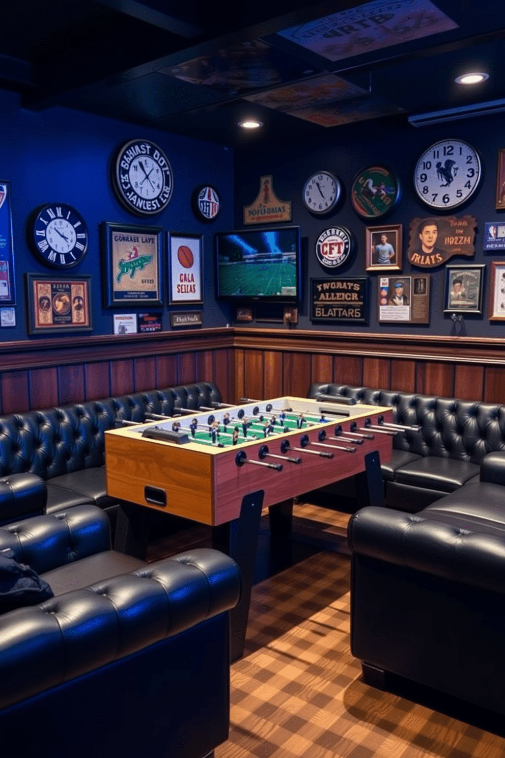 A stylish man cave featuring a custom foosball table as the centerpiece, surrounded by comfortable leather seating in deep shades of navy and gray. The walls are adorned with vintage sports memorabilia, and ambient lighting creates a warm, inviting atmosphere for friendly competition.