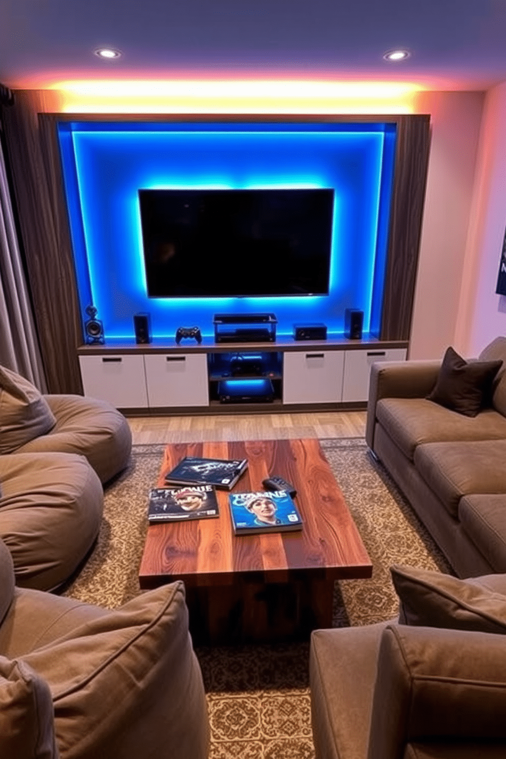 A sleek gaming console station designed for a modern man cave. The setup features a large flat-screen TV mounted on a feature wall, surrounded by ambient LED lighting that changes colors based on the game being played. Comfortable, oversized bean bags and a sectional couch provide ample seating for friends. A stylish coffee table made from reclaimed wood sits at the center, adorned with gaming magazines and snacks for an immersive experience.