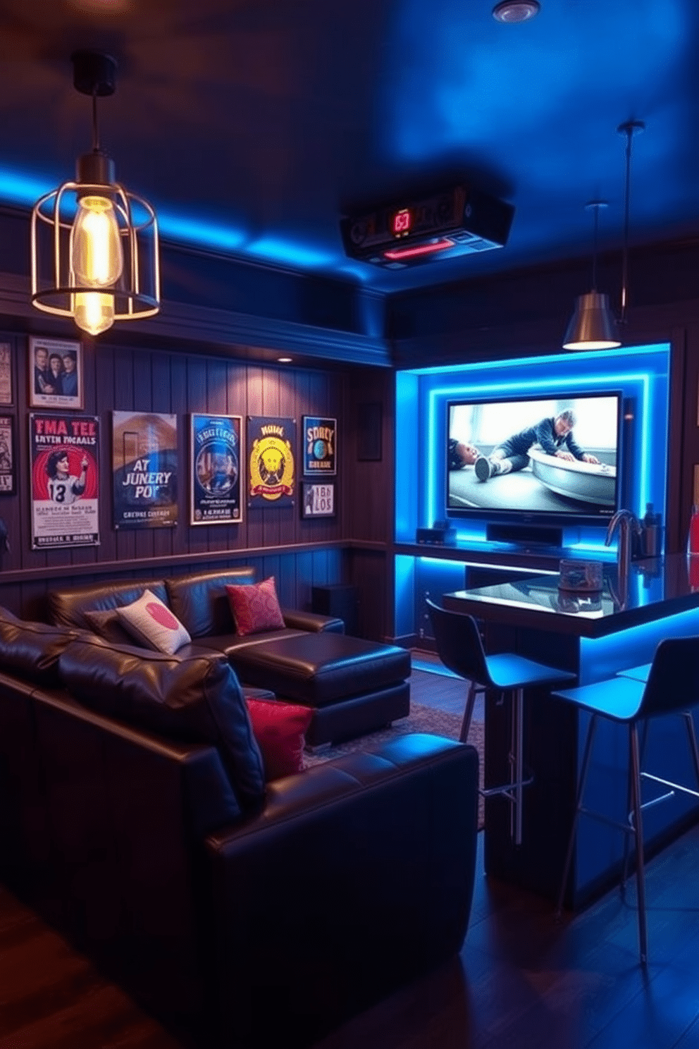 A cozy man cave featuring mood lighting with dimmers creates an inviting atmosphere for relaxation and entertainment. The space includes comfortable leather seating, a large flat-screen TV mounted on a feature wall, and ambient LED strip lights that change color based on the mood. The walls are adorned with dark wood paneling, complemented by vintage posters and memorabilia that reflect personal interests. A sleek bar area with high stools is positioned in one corner, illuminated by stylish pendant lights, enhancing the overall aesthetic of the room.