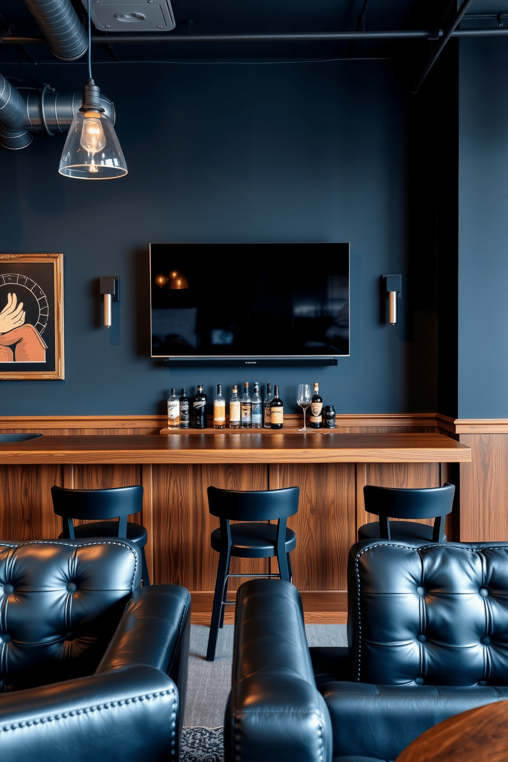 A stylish man cave featuring a sleek wall-mounted TV above a polished wooden bar. The space is adorned with dark leather seating, industrial-style lighting, and a rich color palette of deep blues and grays.