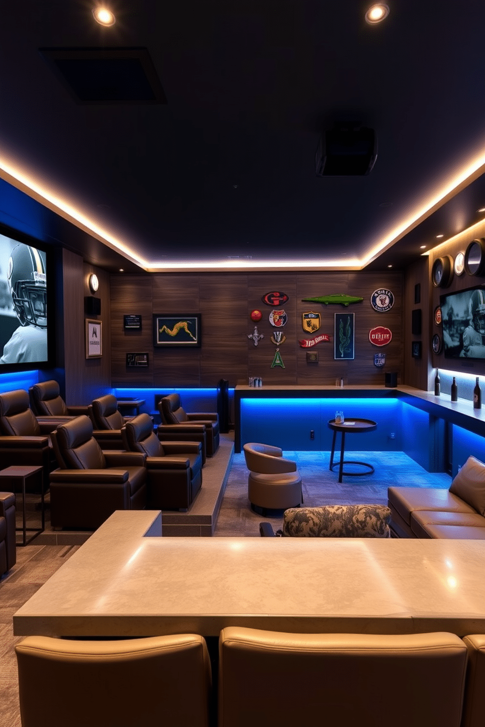 A high-tech home theater setup featuring a large, wall-mounted 4K screen with surround sound speakers integrated into the walls. The seating consists of plush, reclining leather chairs arranged in tiers, with ambient LED lighting illuminating the room in a soft blue hue. A cool man cave design incorporating a sleek bar area with a polished concrete countertop and high-top stools. The walls are adorned with vintage sports memorabilia, and a large sectional sofa faces a mounted flat-screen TV, creating a perfect space for relaxation and entertainment.