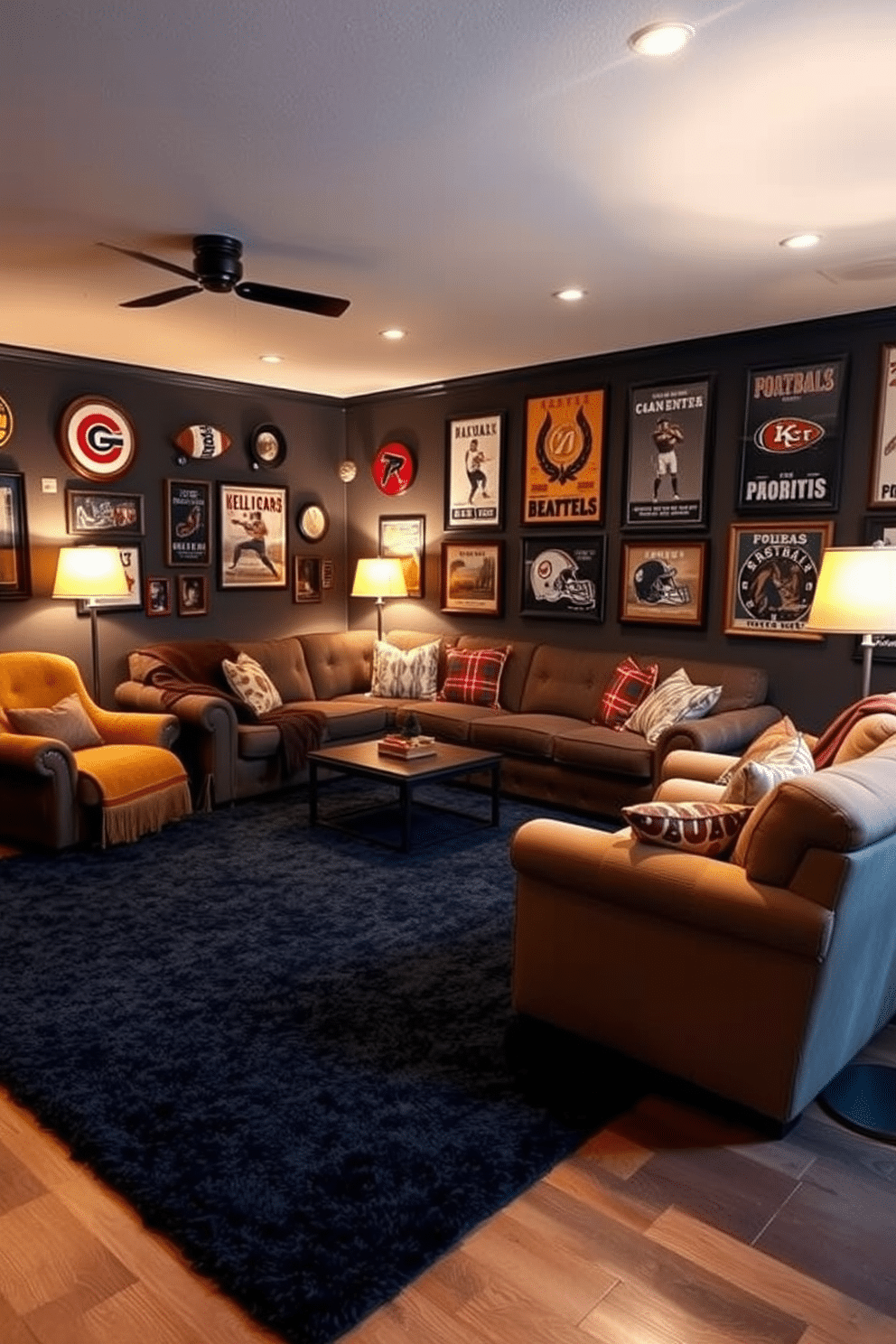 A cozy man cave designed with comfort in mind features a large, plush area rug in a deep navy blue, providing a soft foundation for the seating area. Surrounding the rug are a sectional sofa and oversized armchairs, all adorned with warm throw blankets and pillows for a relaxed atmosphere. The walls are decorated with vintage sports memorabilia and framed posters, enhancing the theme of the space. Ambient lighting from stylish floor lamps casts a warm glow, creating an inviting environment perfect for entertaining friends or enjoying a movie night.