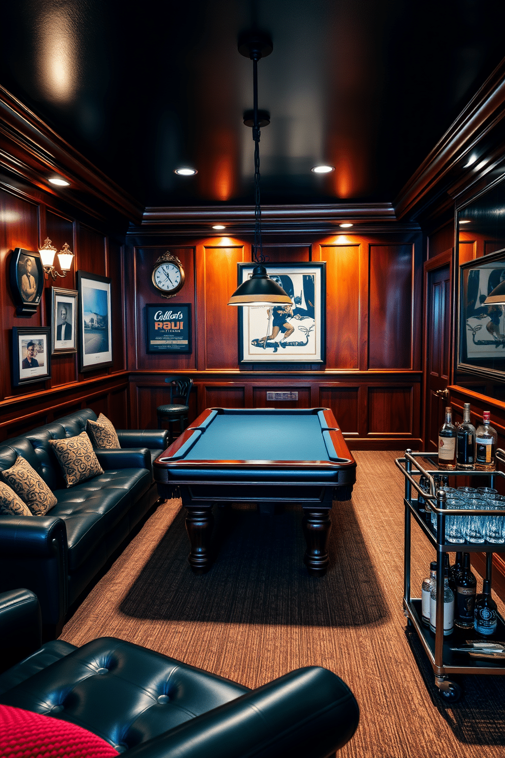 A classic pool table serves as the centerpiece of a stylish man cave, surrounded by rich mahogany paneling and soft ambient lighting. Plush leather seating in deep shades of navy and charcoal complements the warm wood tones, creating an inviting atmosphere for entertaining friends. The walls are adorned with vintage sports memorabilia and framed artwork, adding character and a personal touch to the space. A sleek bar cart, stocked with premium spirits and glassware, sits conveniently nearby, enhancing the overall sophistication of this cool retreat.