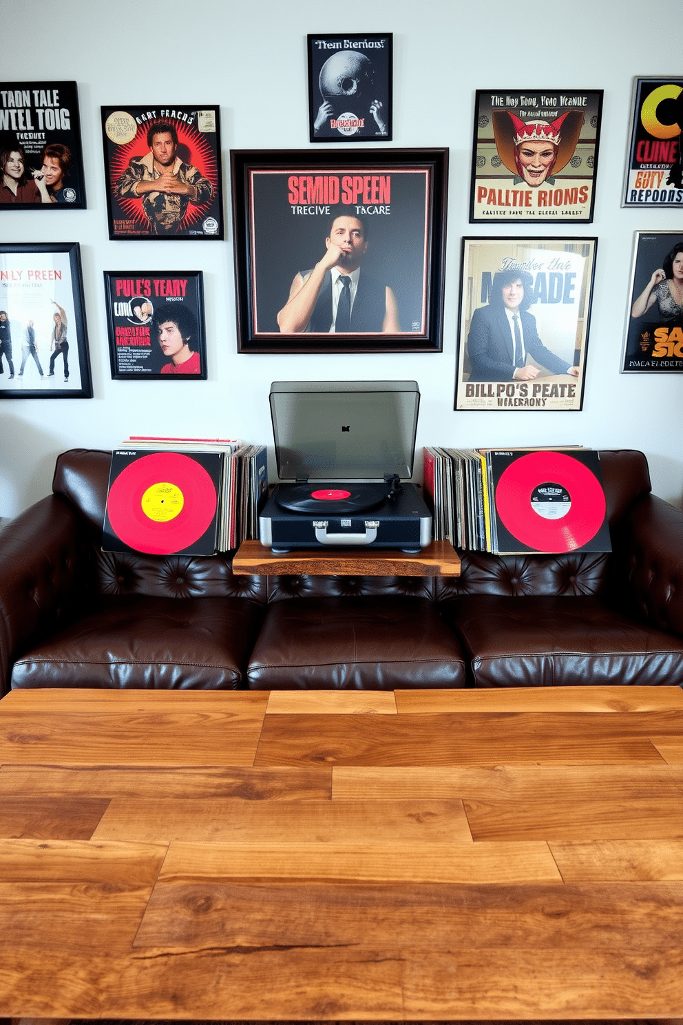 A stylish man cave featuring a vintage record player prominently displayed on a rustic wooden shelf. Surrounding the record player are neatly arranged vinyl records in vibrant colors, creating a nostalgic atmosphere. The walls are adorned with framed album covers and vintage concert posters, adding character to the space. A plush leather sofa in deep brown invites relaxation, while a low coffee table made of reclaimed wood sits in front, perfect for casual gatherings.