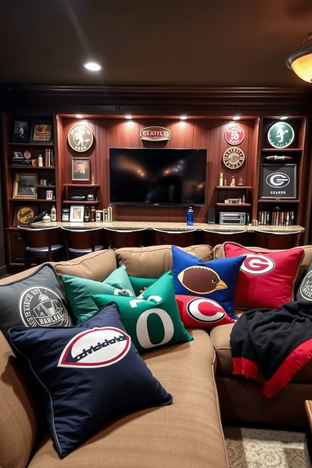 A collection of sports-themed throw pillows and blankets is displayed on a plush sectional sofa, featuring vibrant colors and team logos. The pillows vary in size and texture, creating a cozy yet dynamic atmosphere in the room. The man cave is designed with dark wood paneling and ambient lighting, showcasing a large flat-screen TV mounted on the wall. Vintage sports memorabilia adorns the shelves, while a custom bar area invites friends to gather and enjoy game day.