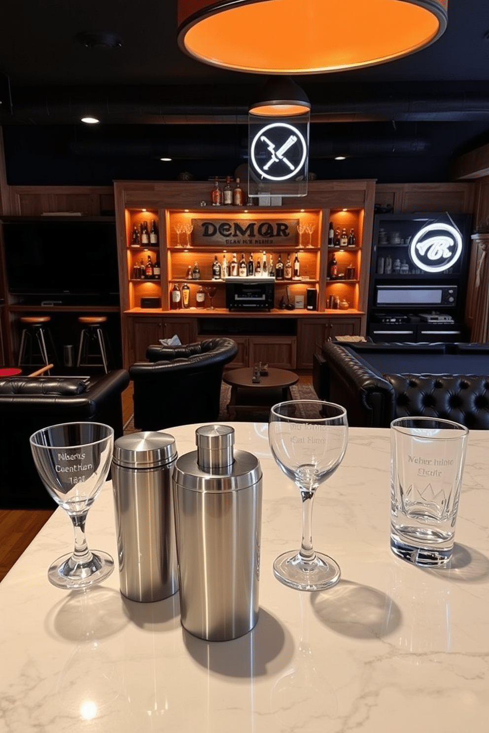 A stylish and personalized barware setup features engraved glassware, sleek metallic cocktail shakers, and a curated selection of premium spirits displayed on a reclaimed wood shelf. The ambiance is enhanced by ambient lighting, with a mix of vintage and modern bar stools arranged around a polished marble bar top. The cool man cave design includes dark leather sofas, a custom-built entertainment center with state-of-the-art audio-visual equipment, and a neon sign that adds a touch of personality. Rustic wooden accents and a pool table create a relaxed yet sophisticated atmosphere, perfect for entertaining friends.