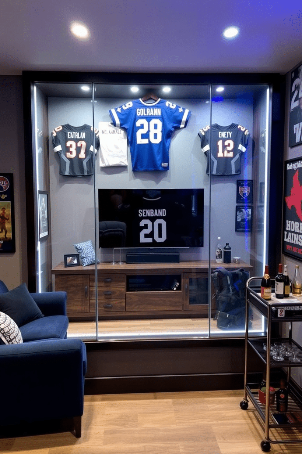 A stylish display case for autographed jerseys, featuring sleek glass panels and a dark wood frame that enhances the memorabilia's visibility. The interior is softly illuminated with LED lights, creating a dramatic effect that highlights each jersey's unique design. A cool man cave design with a contemporary feel, showcasing a plush sectional sofa in deep blue and a large flat-screen TV mounted above a rustic wooden media console. The walls are adorned with sports memorabilia and framed posters, while a sleek bar cart in the corner offers a selection of beverages and glassware for entertaining guests.